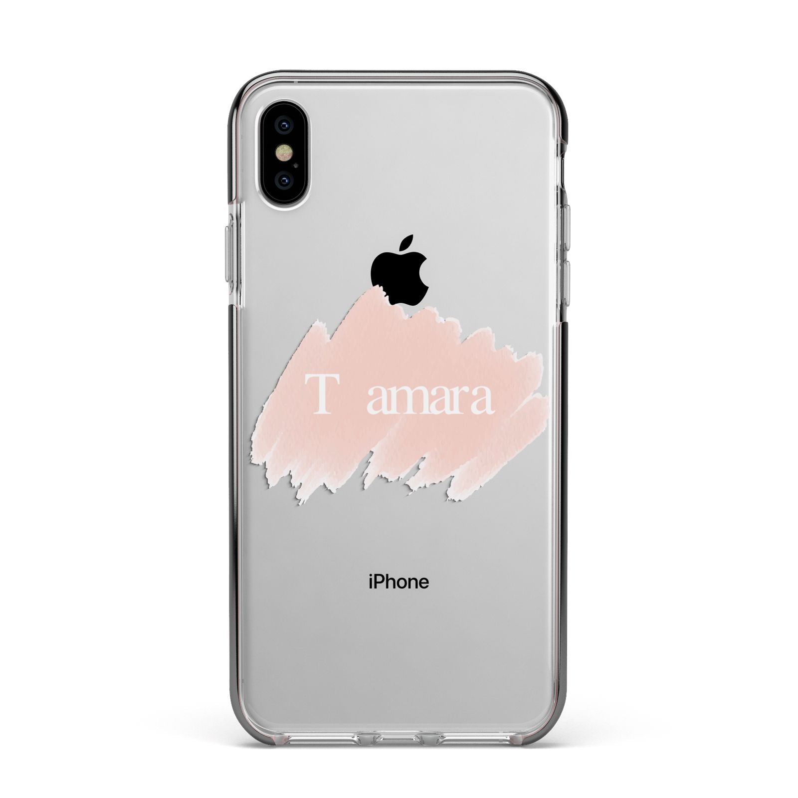 Personalised See Throiugh Clear Name Apple iPhone Xs Max Impact Case Black Edge on Silver Phone