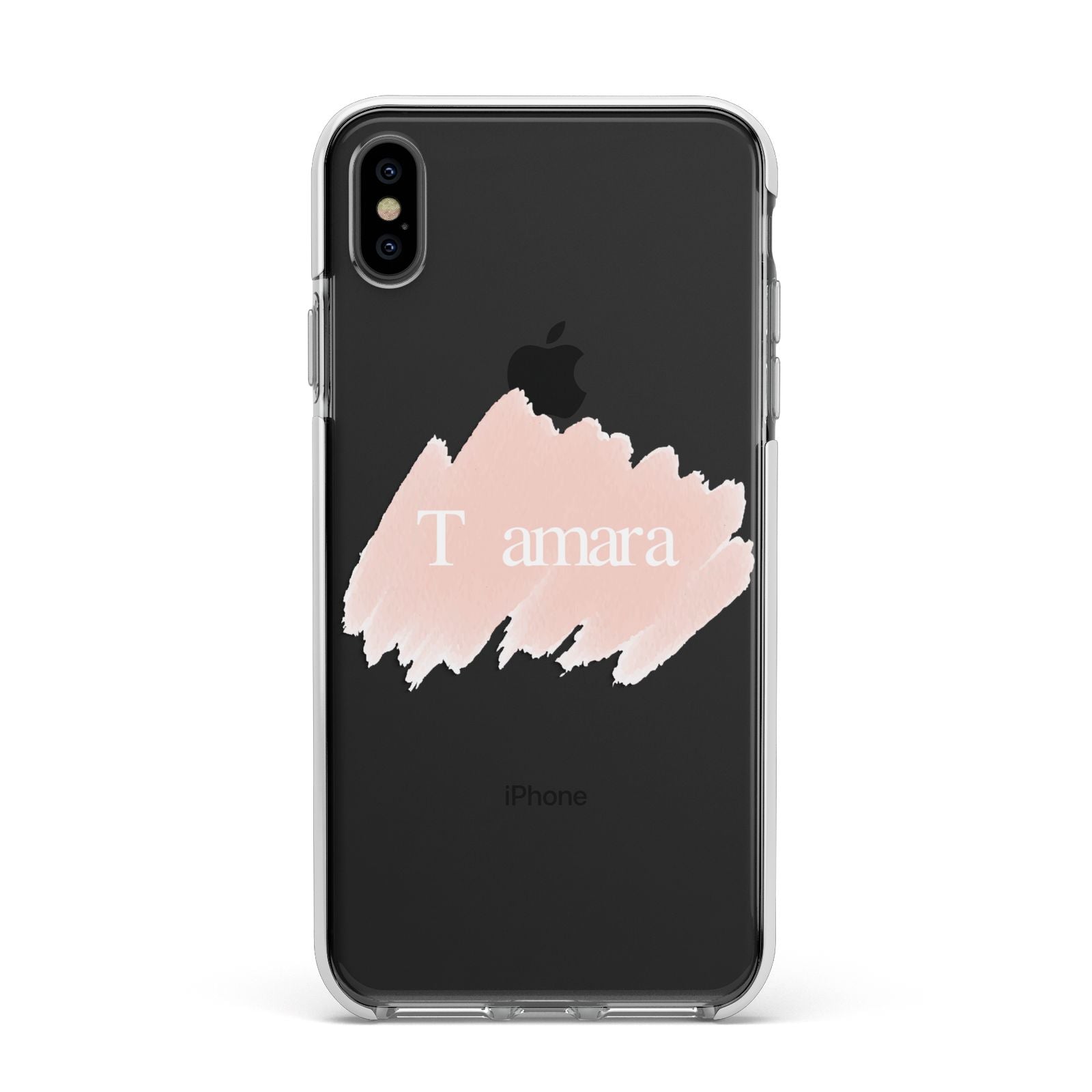 Personalised See Throiugh Clear Name Apple iPhone Xs Max Impact Case White Edge on Black Phone