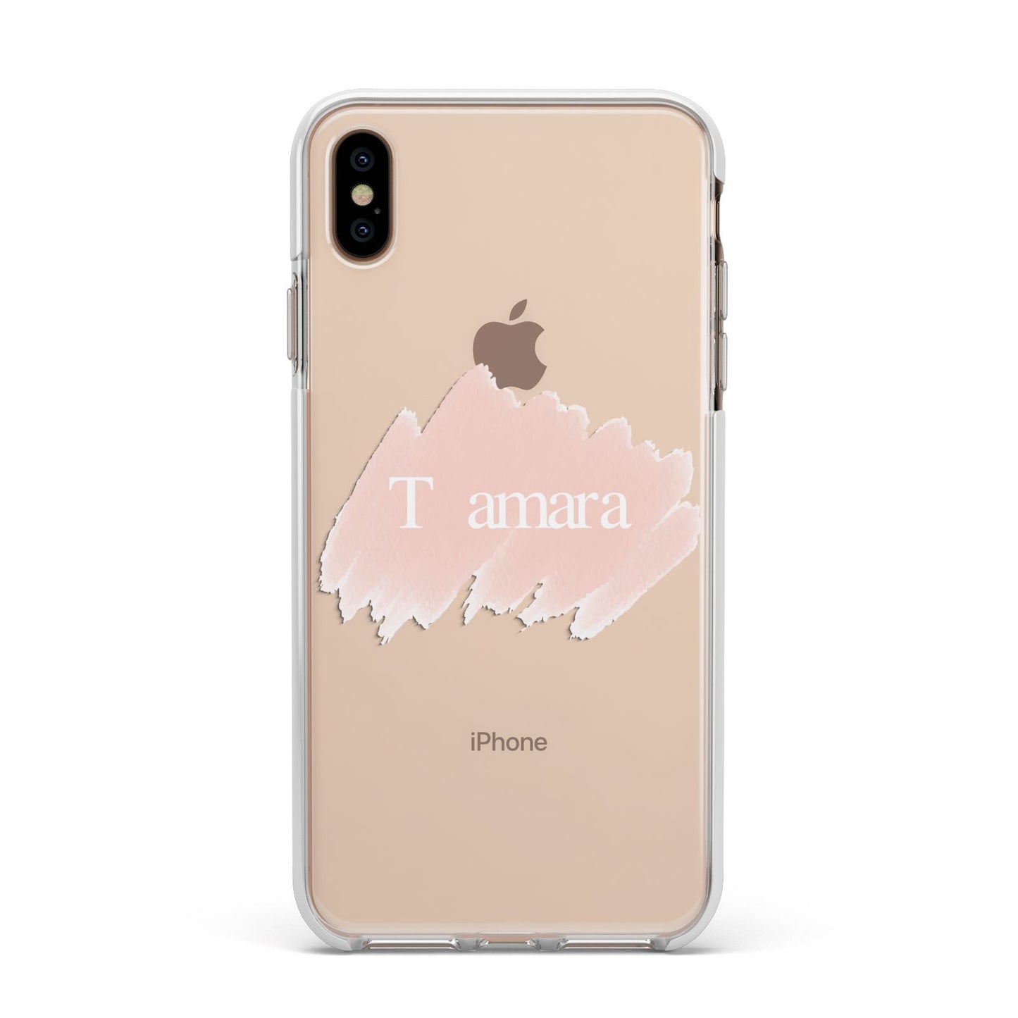 Personalised See Throiugh Clear Name Apple iPhone Xs Max Impact Case White Edge on Gold Phone