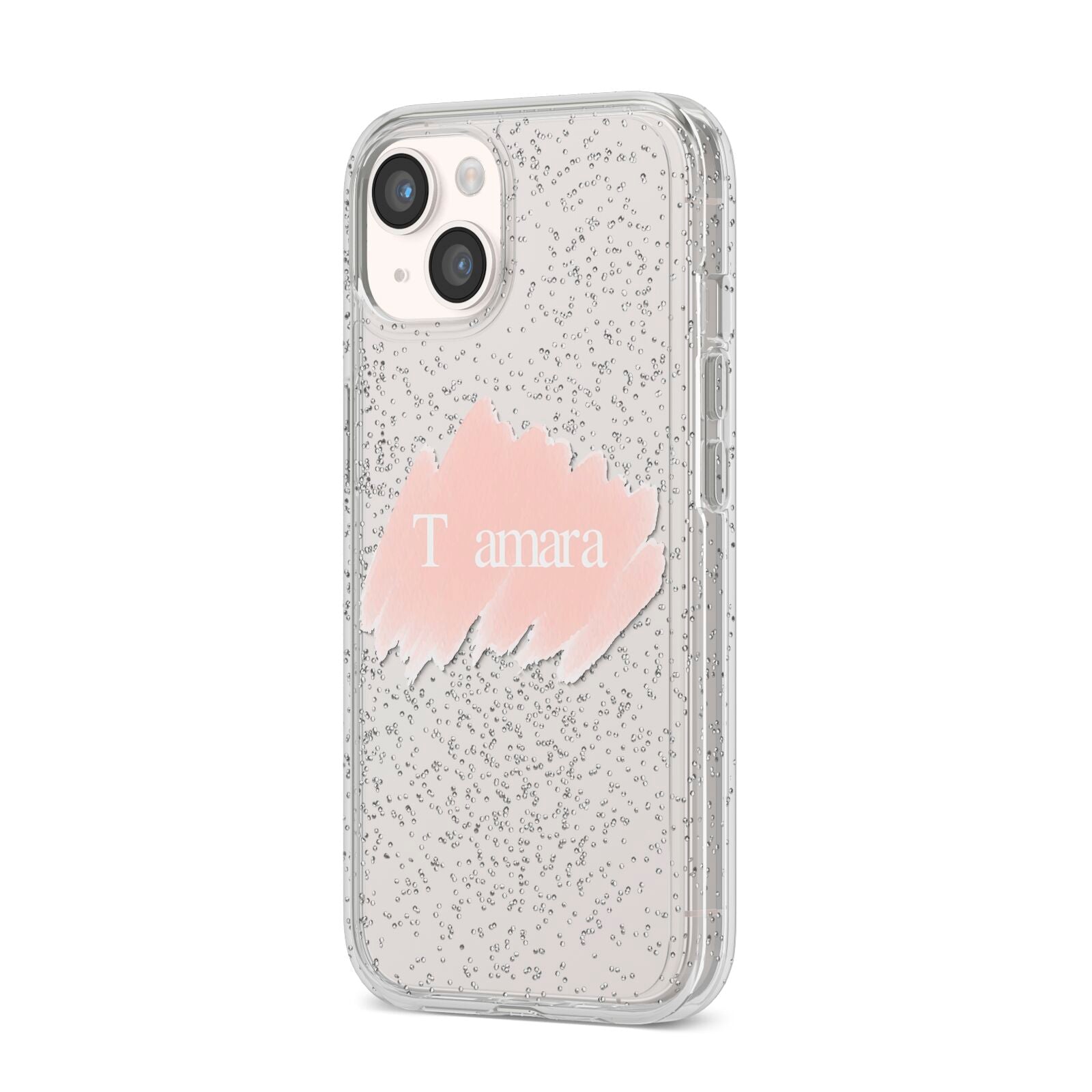 Personalised See Throiugh Clear Name iPhone 14 Glitter Tough Case Starlight Angled Image