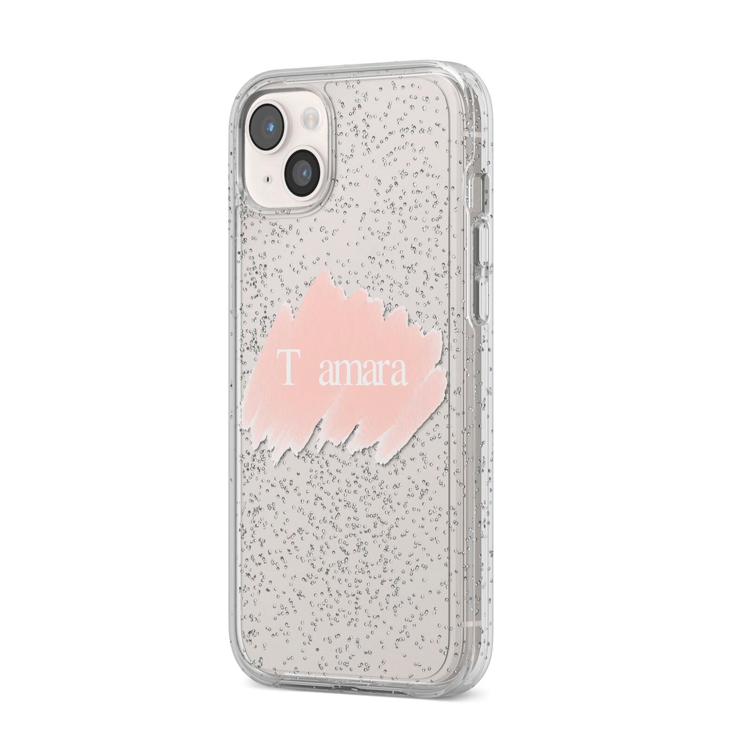 Personalised See Throiugh Clear Name iPhone 14 Plus Glitter Tough Case Starlight Angled Image