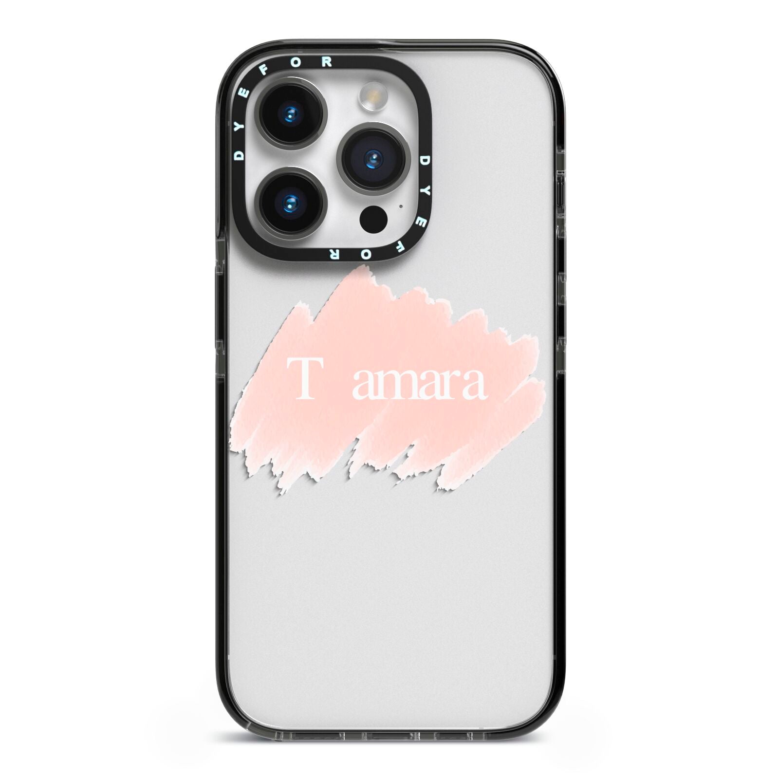 Personalised See Throiugh Clear Name iPhone 14 Pro Black Impact Case on Silver phone