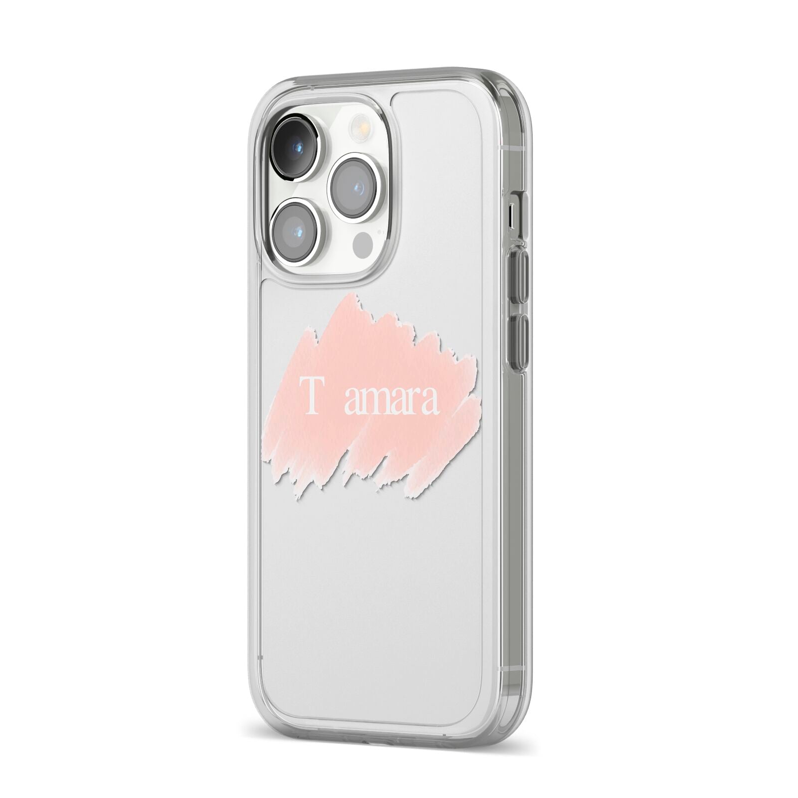 Personalised See Throiugh Clear Name iPhone 14 Pro Clear Tough Case Silver Angled Image