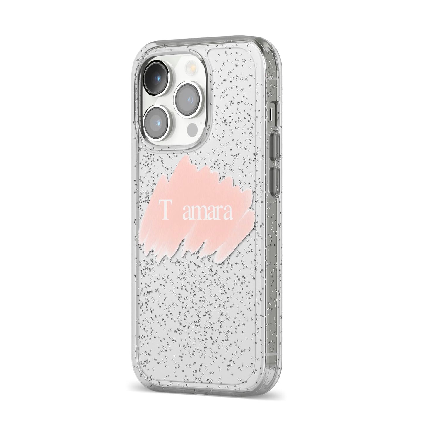 Personalised See Throiugh Clear Name iPhone 14 Pro Glitter Tough Case Silver Angled Image