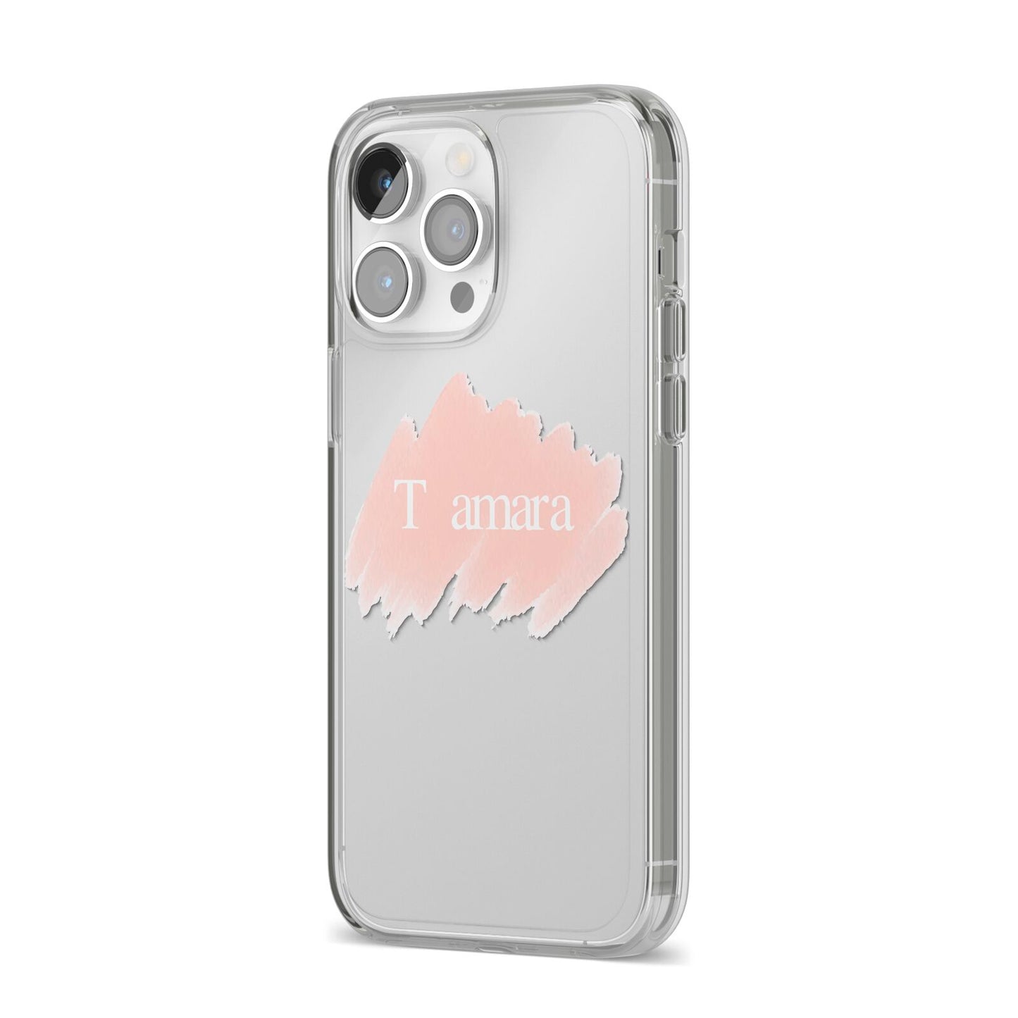 Personalised See Throiugh Clear Name iPhone 14 Pro Max Clear Tough Case Silver Angled Image