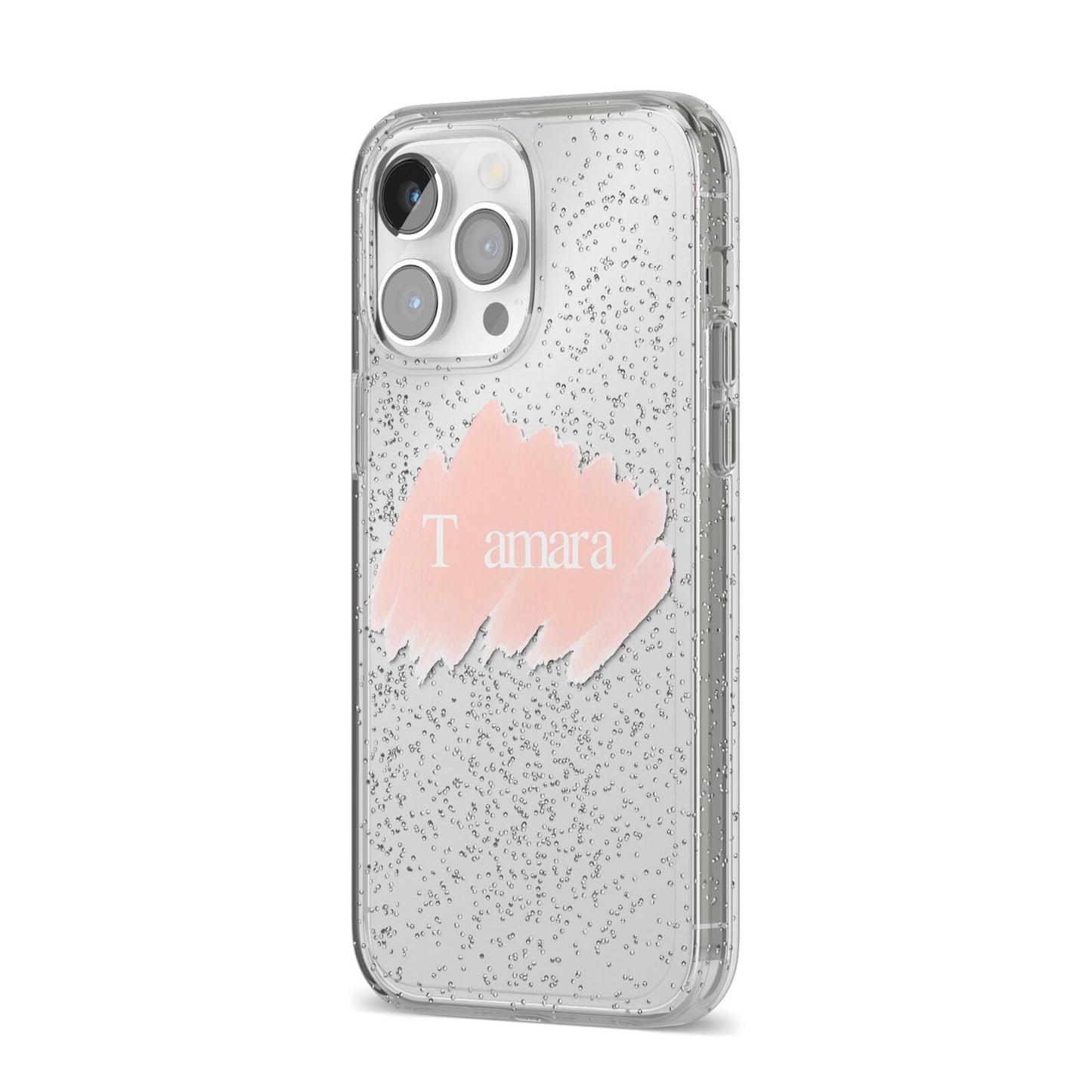 Personalised See Throiugh Clear Name iPhone 14 Pro Max Glitter Tough Case Silver Angled Image