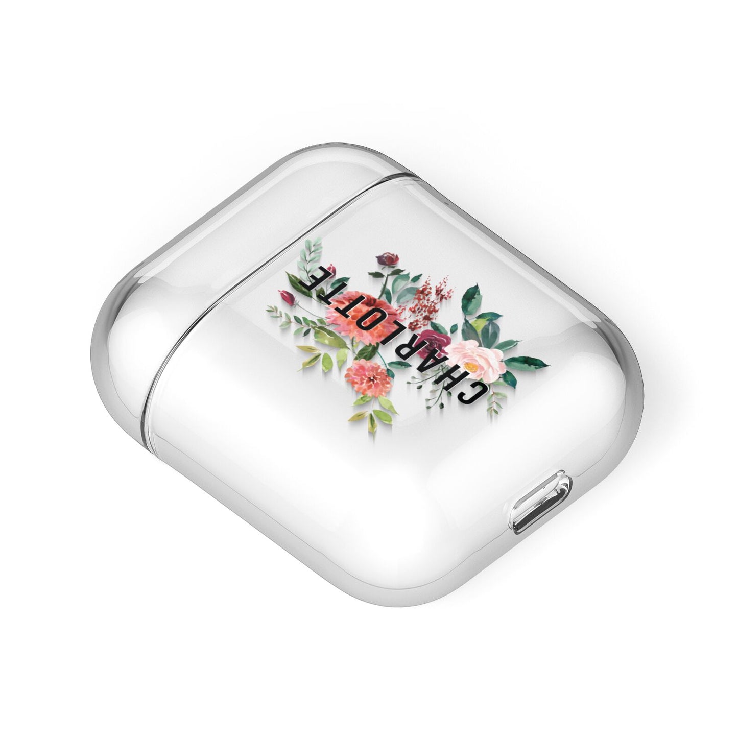 Personalised Side Name Clear Floral AirPods Case Laid Flat