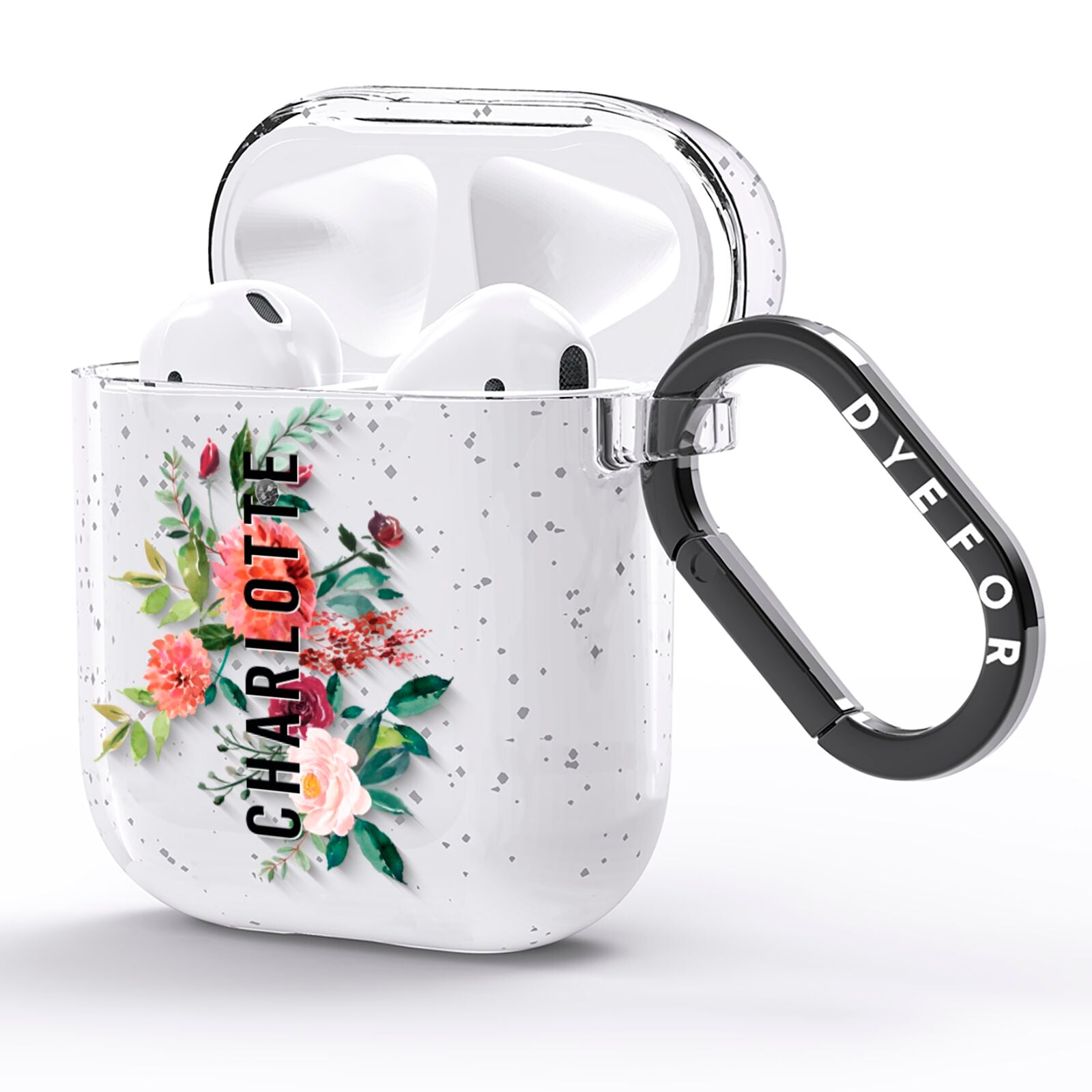 Personalised Side Name Clear Floral AirPods Glitter Case Side Image