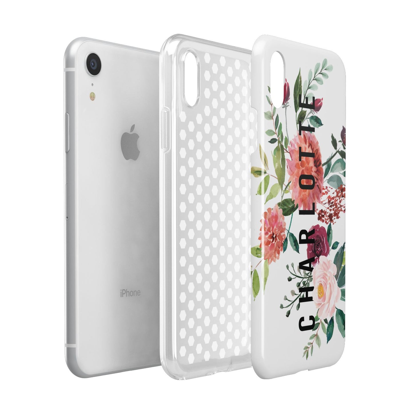 Personalised Side Name Clear Floral Apple iPhone XR White 3D Tough Case Expanded view