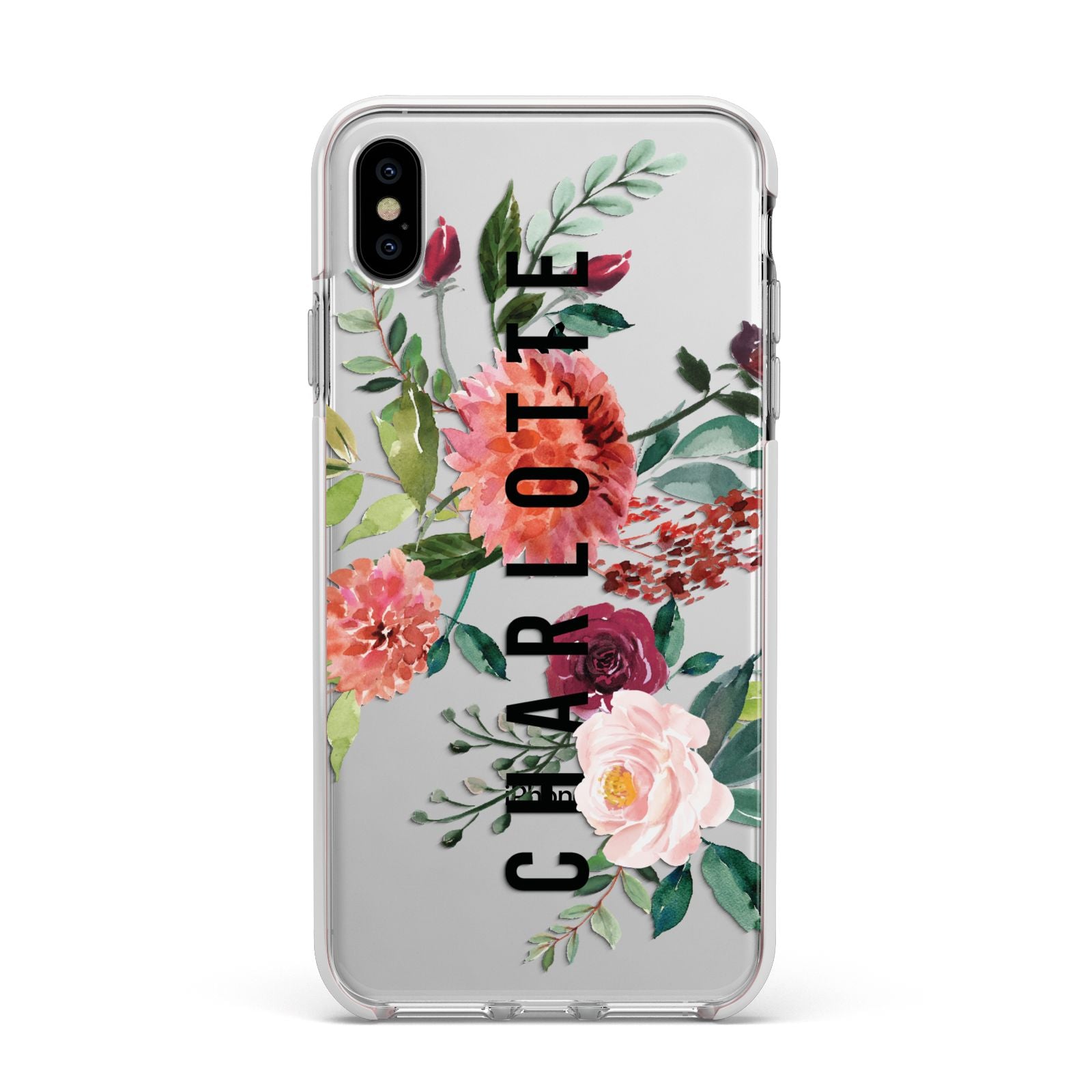 Personalised Side Name Clear Floral Apple iPhone Xs Max Impact Case White Edge on Silver Phone