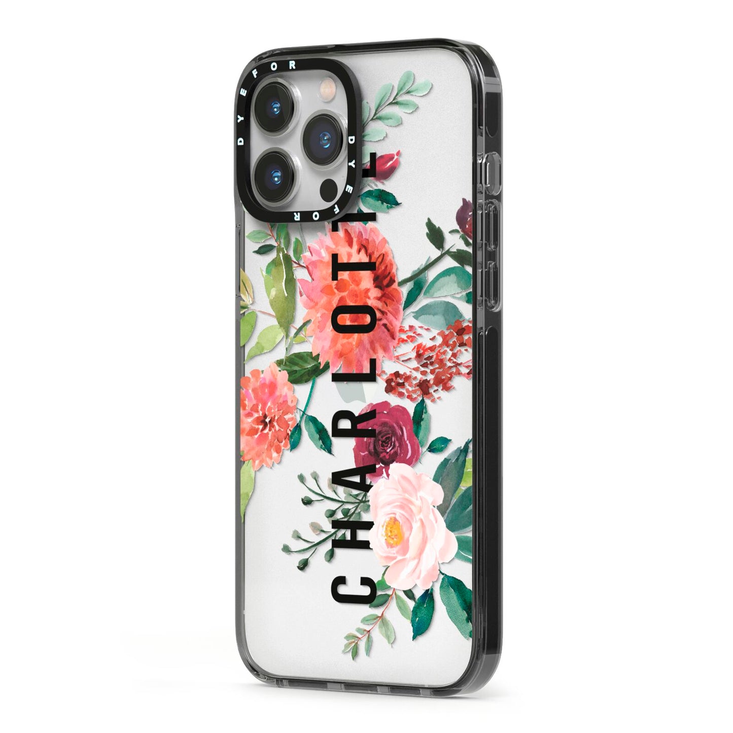 Personalised Side Name Clear Floral iPhone 13 Pro Max Black Impact Case Side Angle on Silver phone