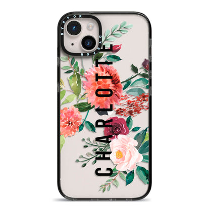 Personalised Side Name Clear Floral iPhone 14 Plus Black Impact Case on Silver phone