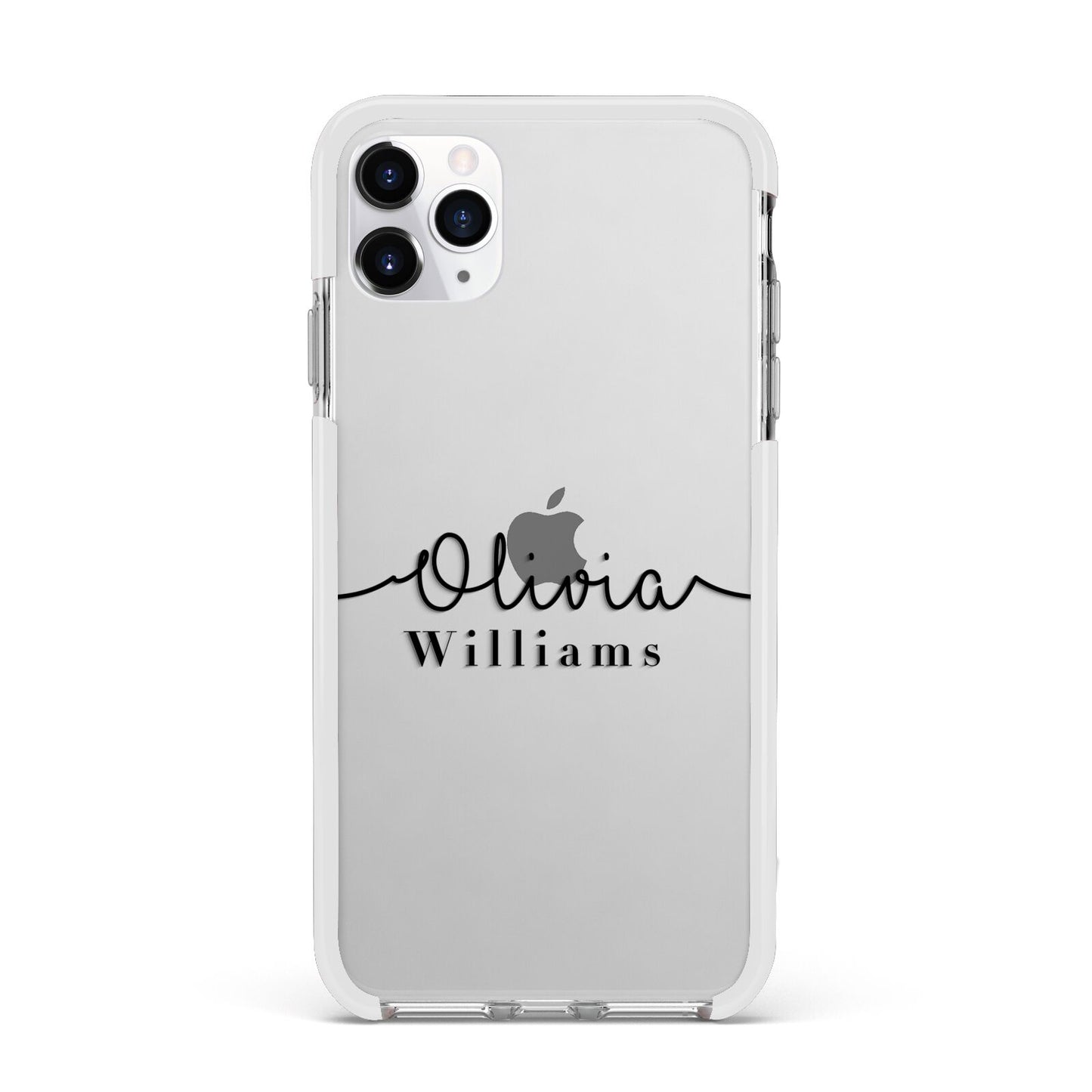 Personalised Signature Name Black Apple iPhone 11 Pro Max in Silver with White Impact Case