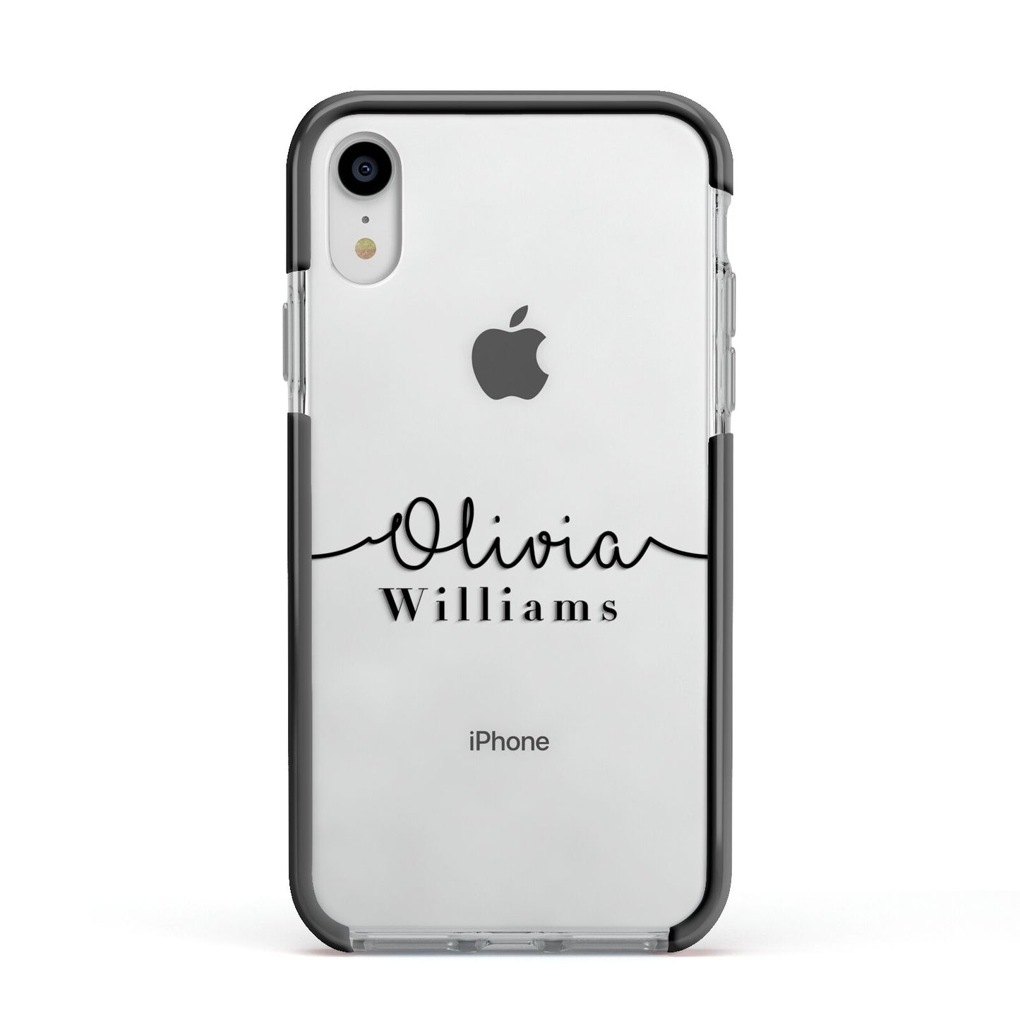 Personalised Signature Name Black Apple iPhone XR Impact Case Black Edge on Silver Phone