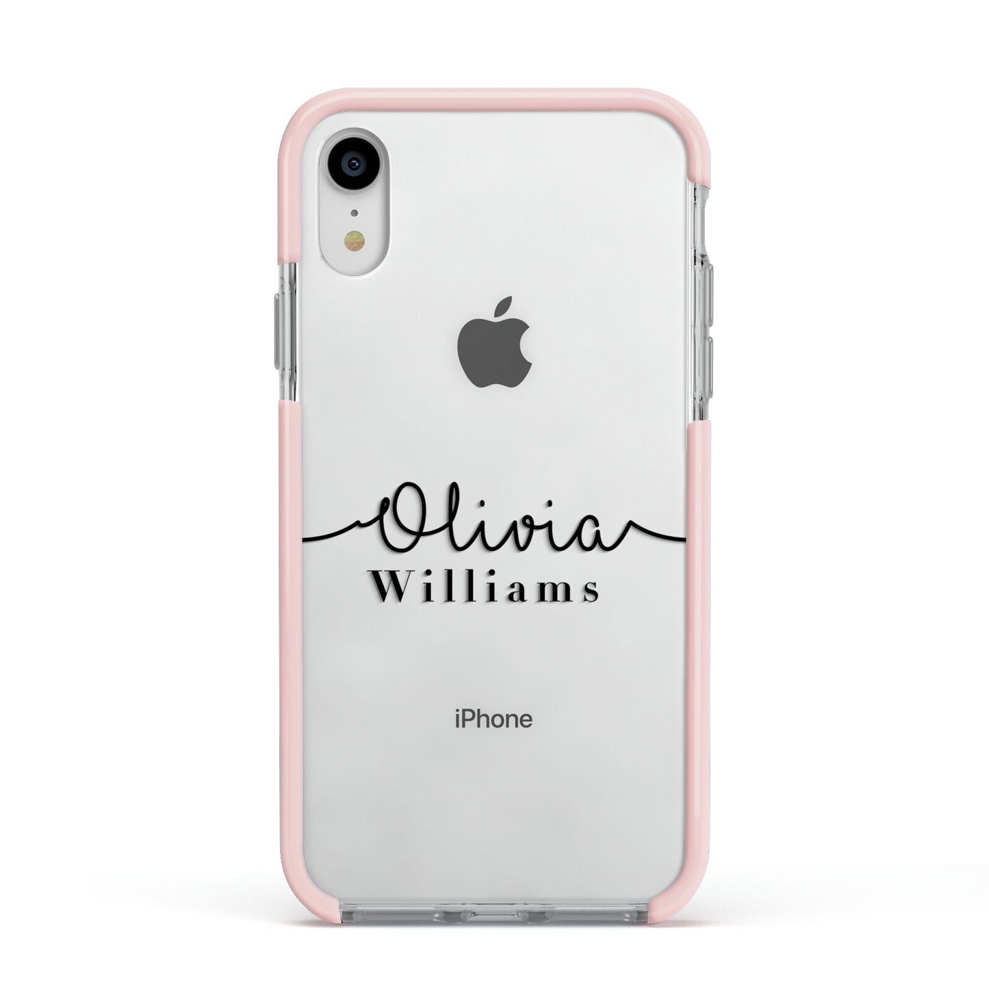 Personalised Signature Name Black Apple iPhone XR Impact Case Pink Edge on Silver Phone