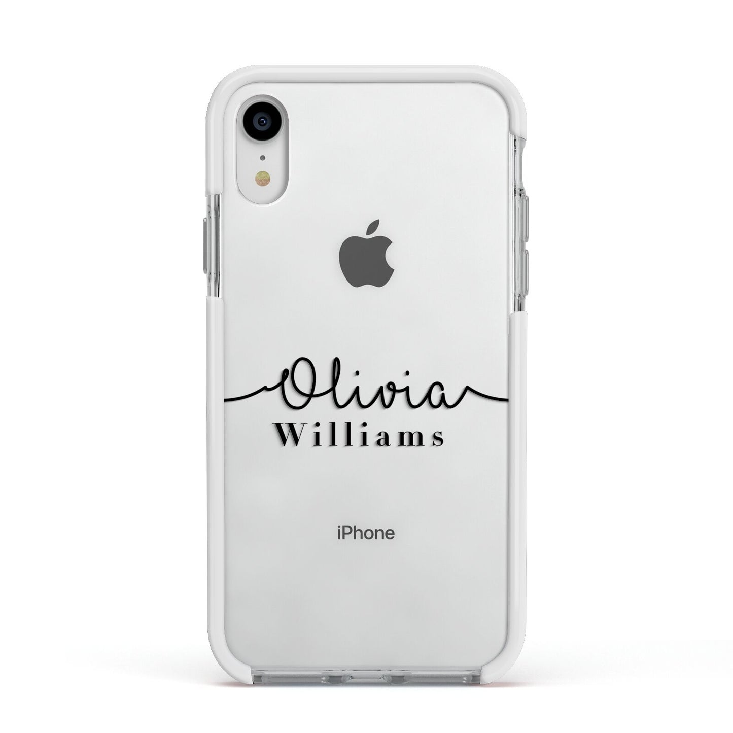 Personalised Signature Name Black Apple iPhone XR Impact Case White Edge on Silver Phone