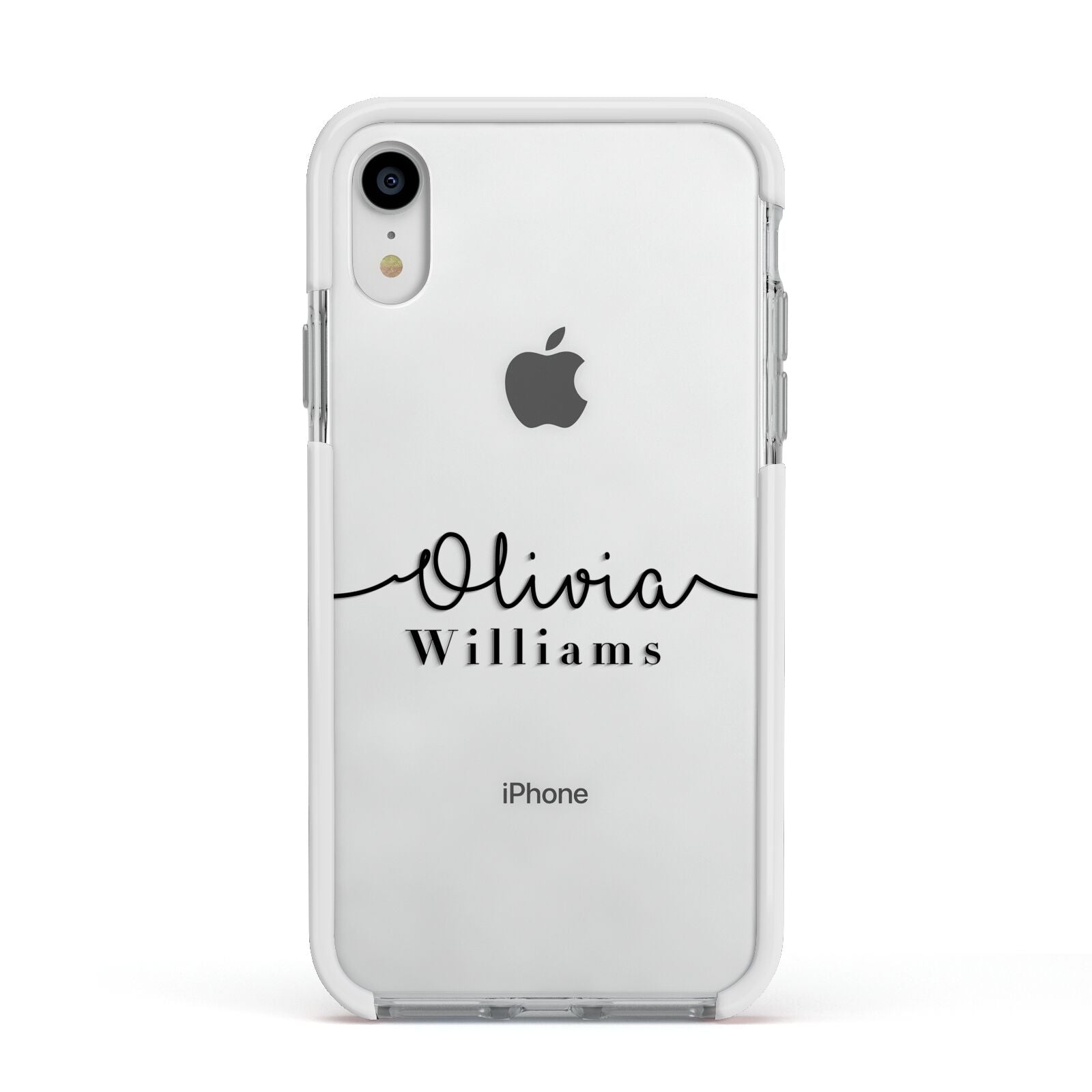 Personalised Signature Name Black Apple iPhone XR Impact Case White Edge on Silver Phone