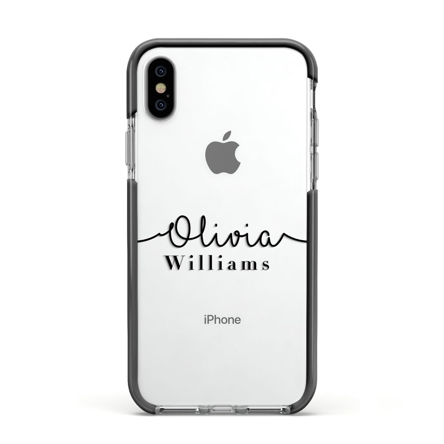 Personalised Signature Name Black Apple iPhone Xs Impact Case Black Edge on Silver Phone