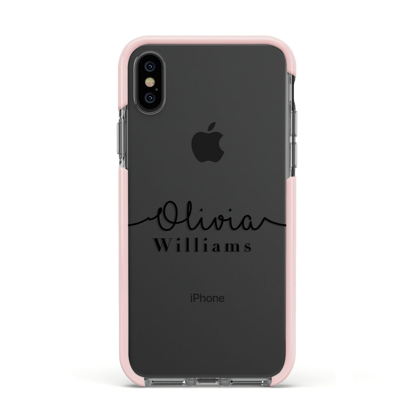 Personalised Signature Name Black Apple iPhone Xs Impact Case Pink Edge on Black Phone