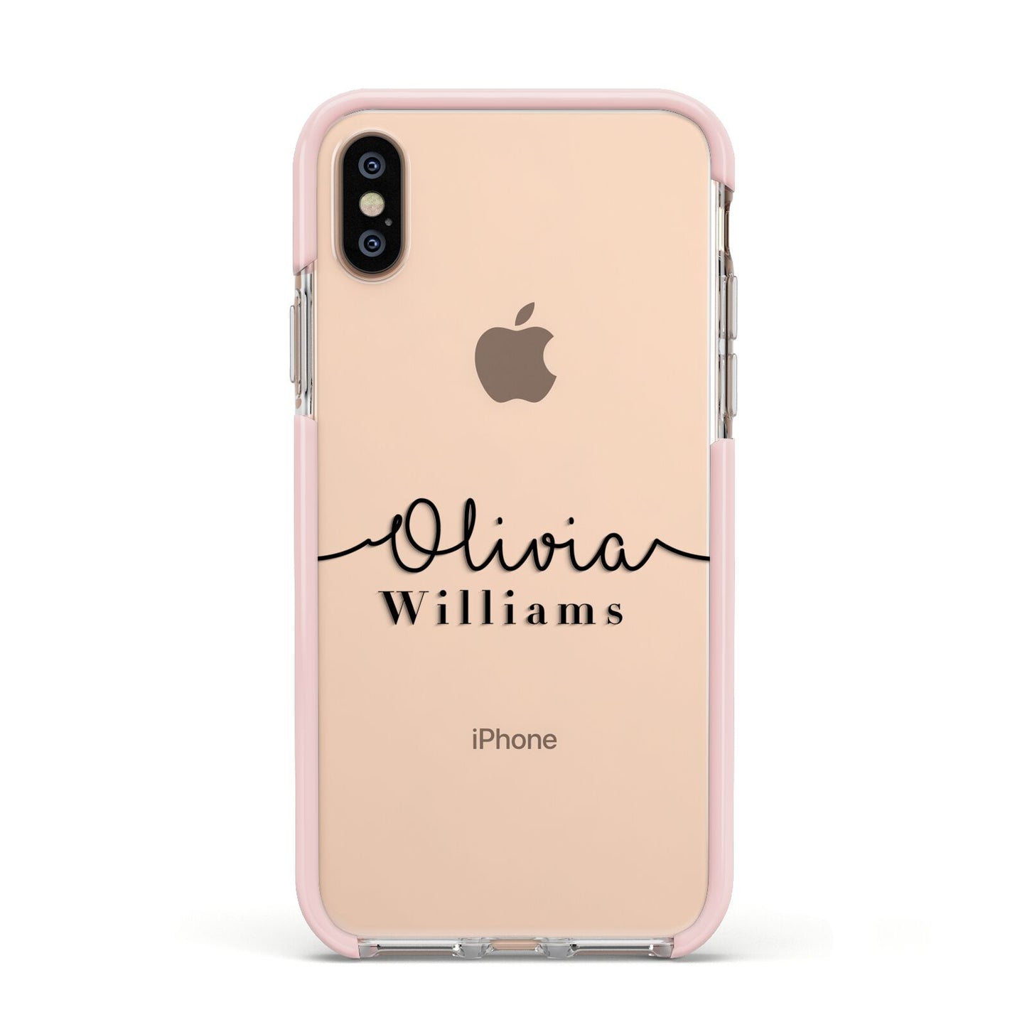 Personalised Signature Name Black Apple iPhone Xs Impact Case Pink Edge on Gold Phone