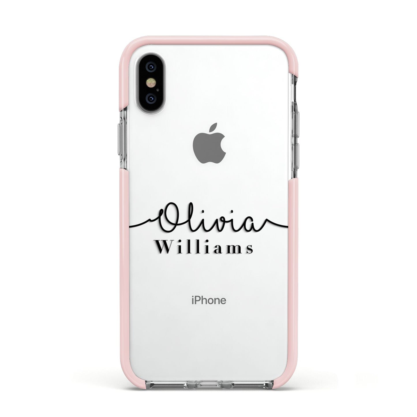 Personalised Signature Name Black Apple iPhone Xs Impact Case Pink Edge on Silver Phone