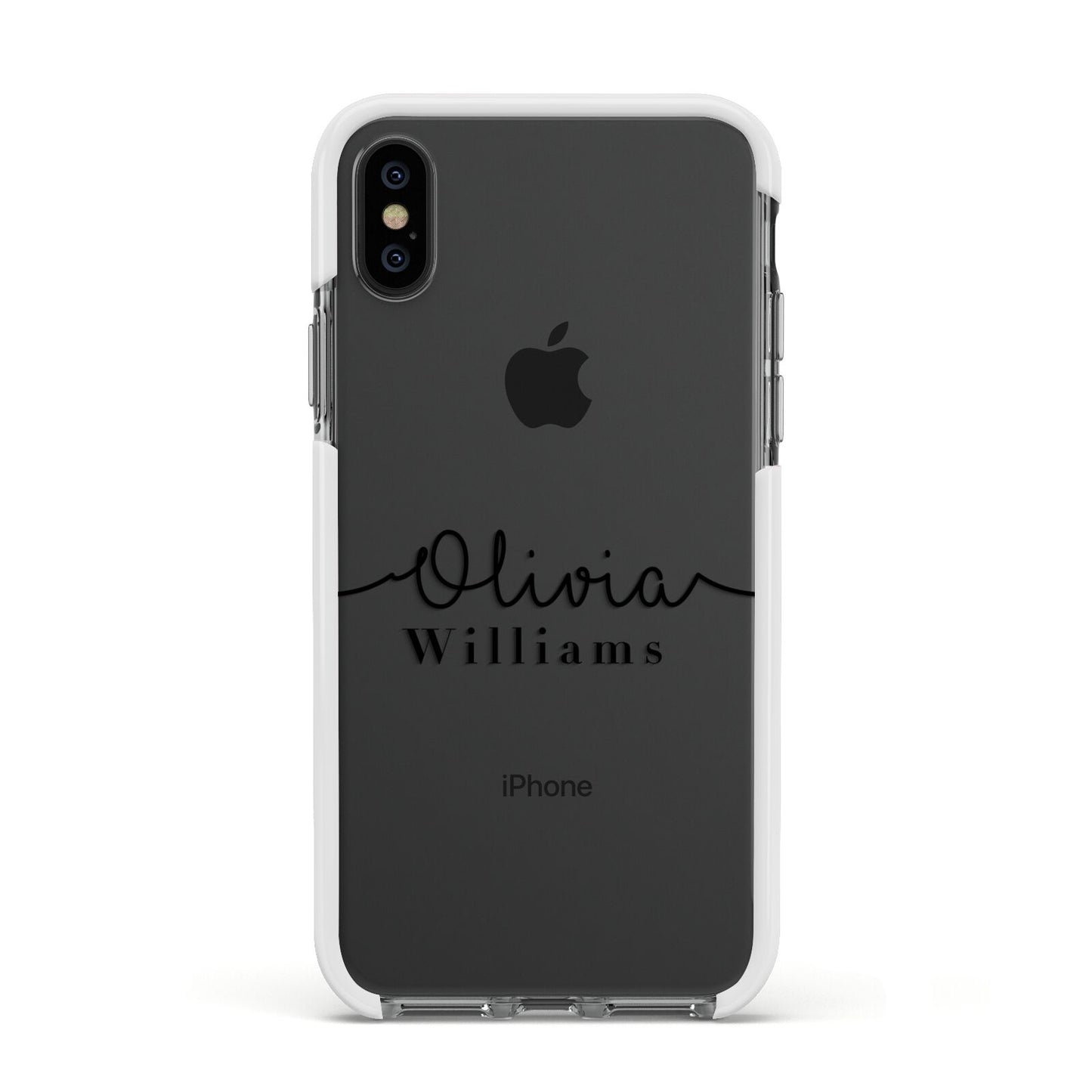 Personalised Signature Name Black Apple iPhone Xs Impact Case White Edge on Black Phone