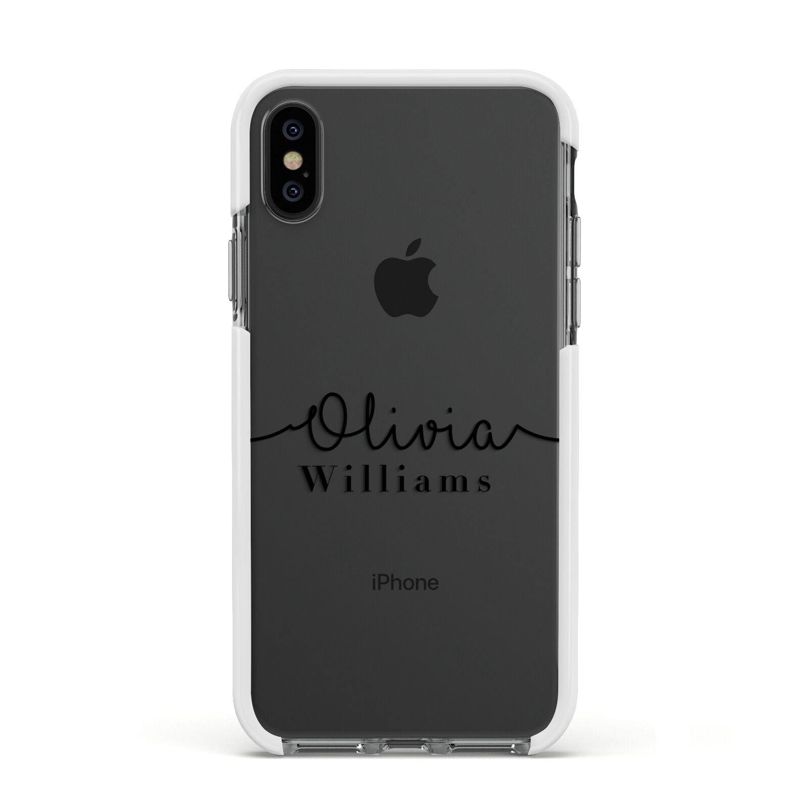 Personalised Signature Name Black Apple iPhone Xs Impact Case White Edge on Black Phone