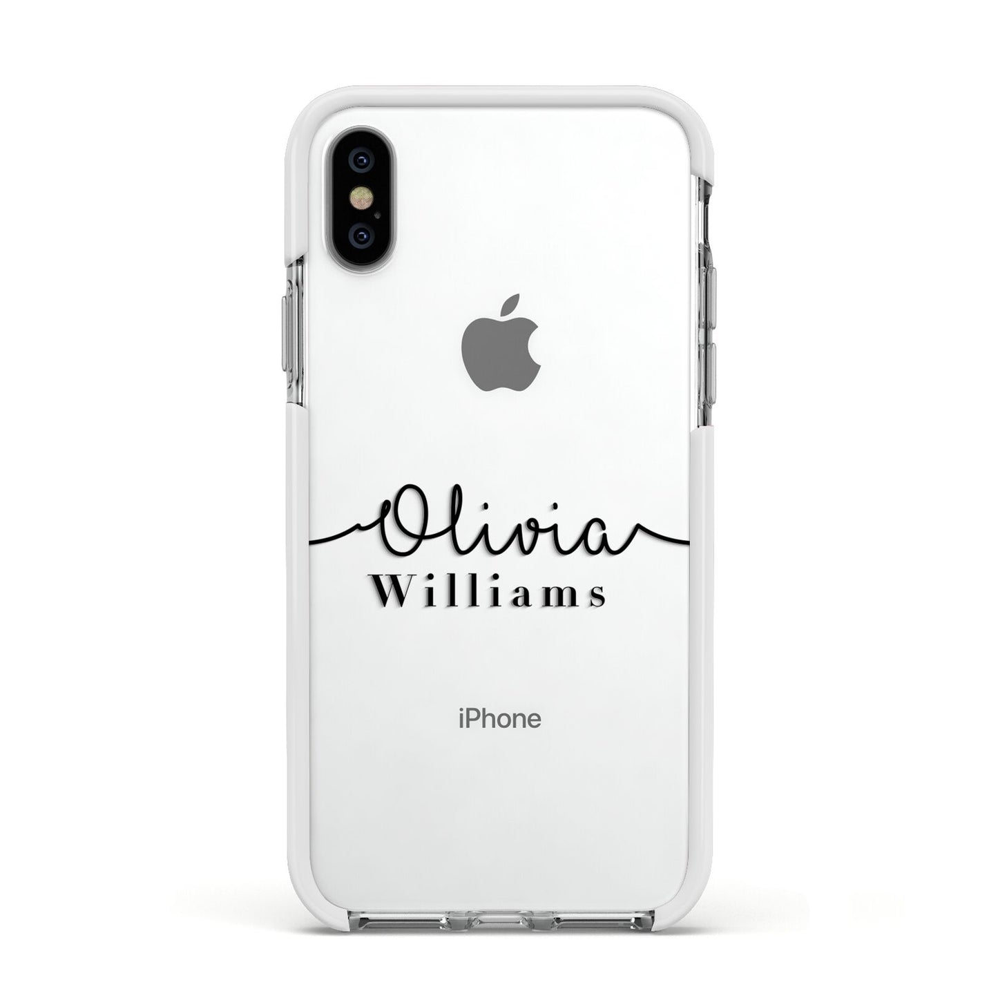 Personalised Signature Name Black Apple iPhone Xs Impact Case White Edge on Silver Phone