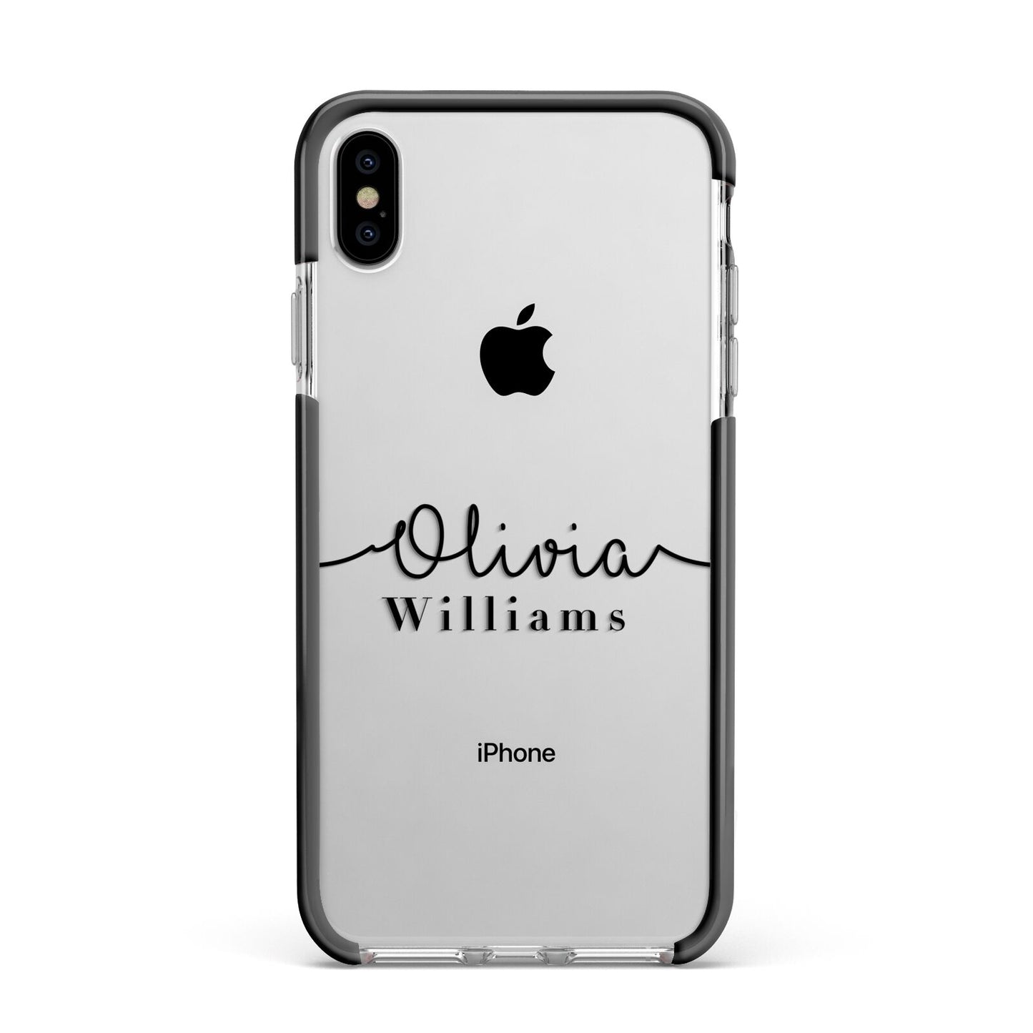 Personalised Signature Name Black Apple iPhone Xs Max Impact Case Black Edge on Silver Phone