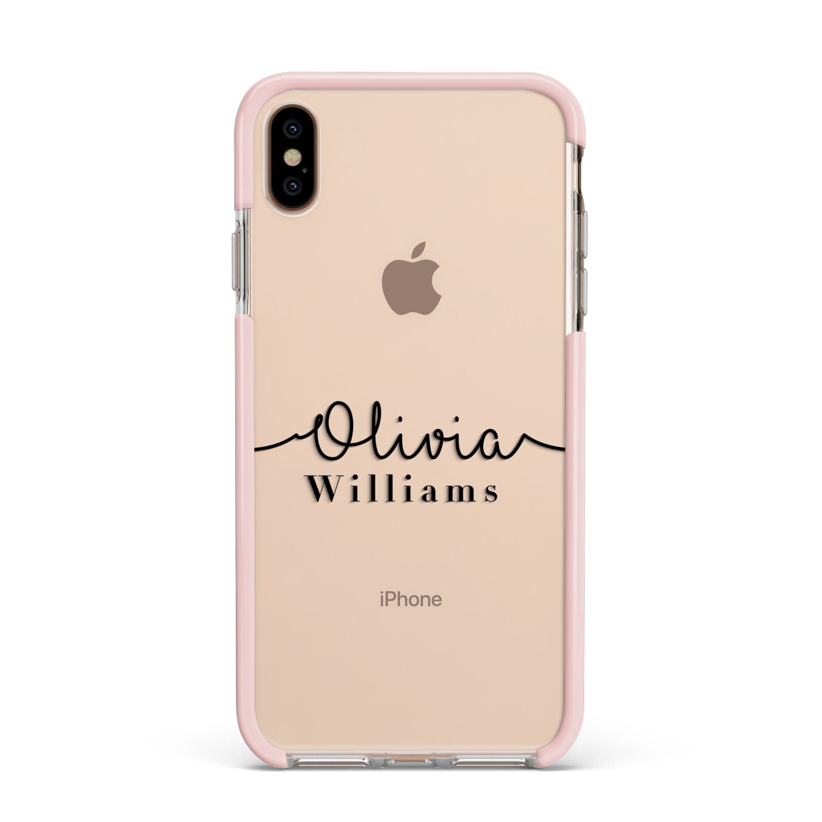 Personalised Signature Name Black Apple iPhone Xs Max Impact Case Pink Edge on Gold Phone