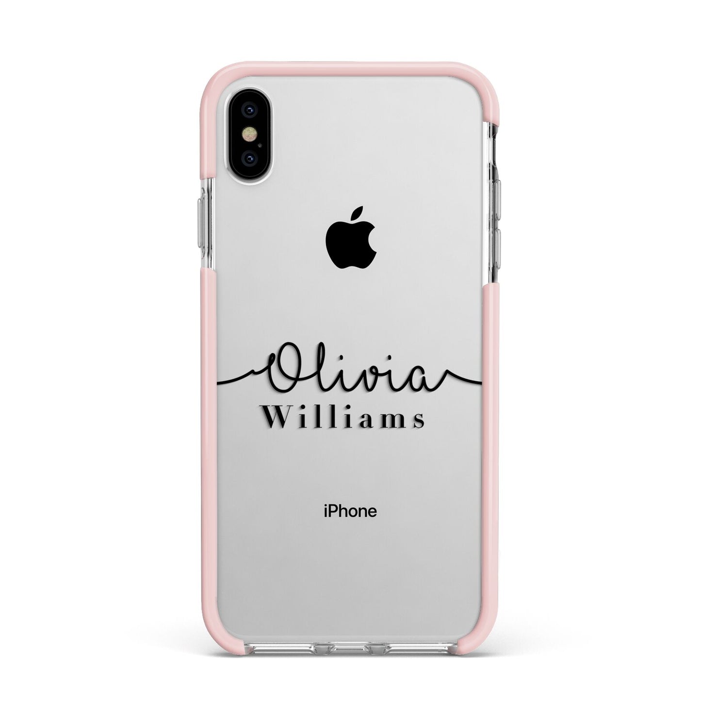 Personalised Signature Name Black Apple iPhone Xs Max Impact Case Pink Edge on Silver Phone