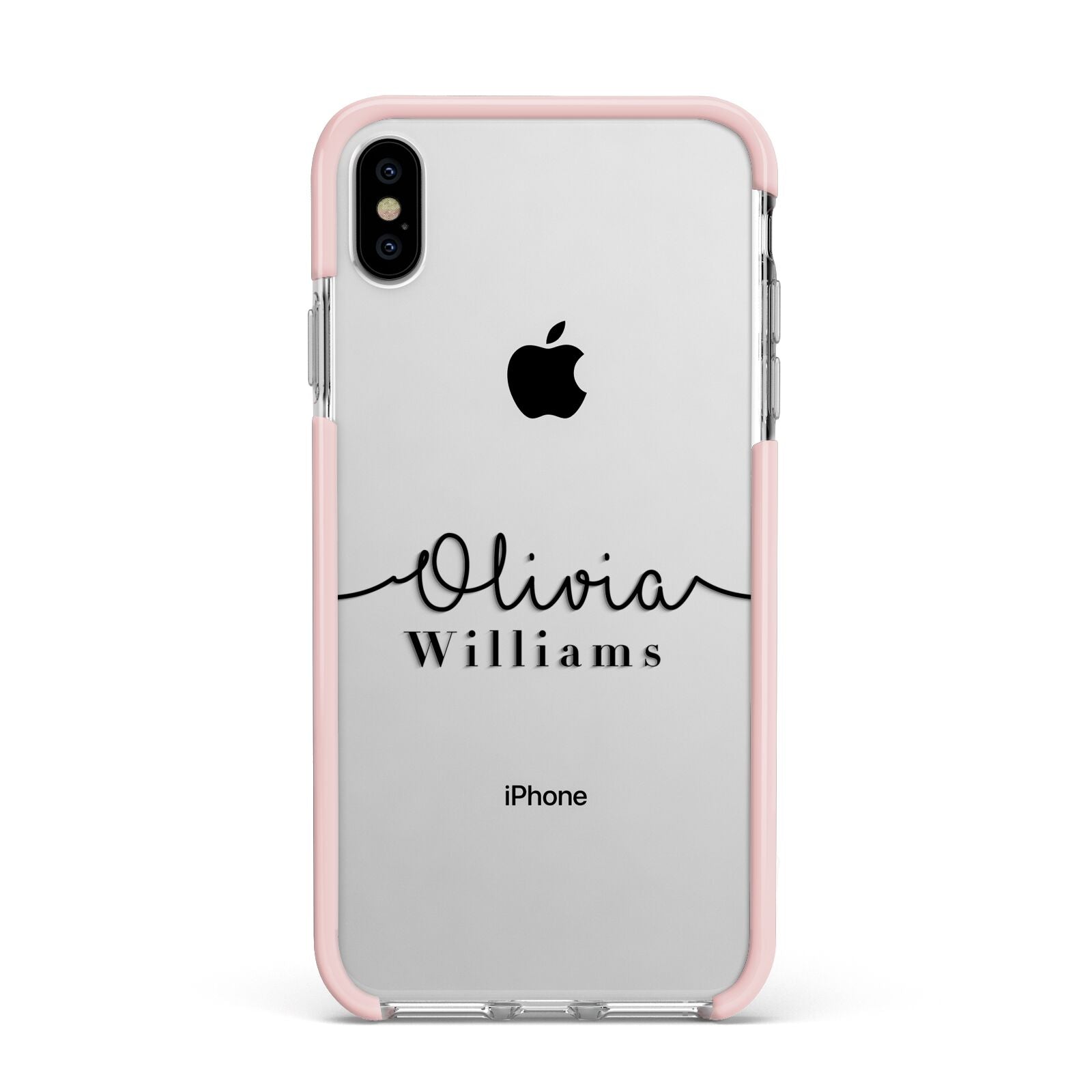 Personalised Signature Name Black Apple iPhone Xs Max Impact Case Pink Edge on Silver Phone