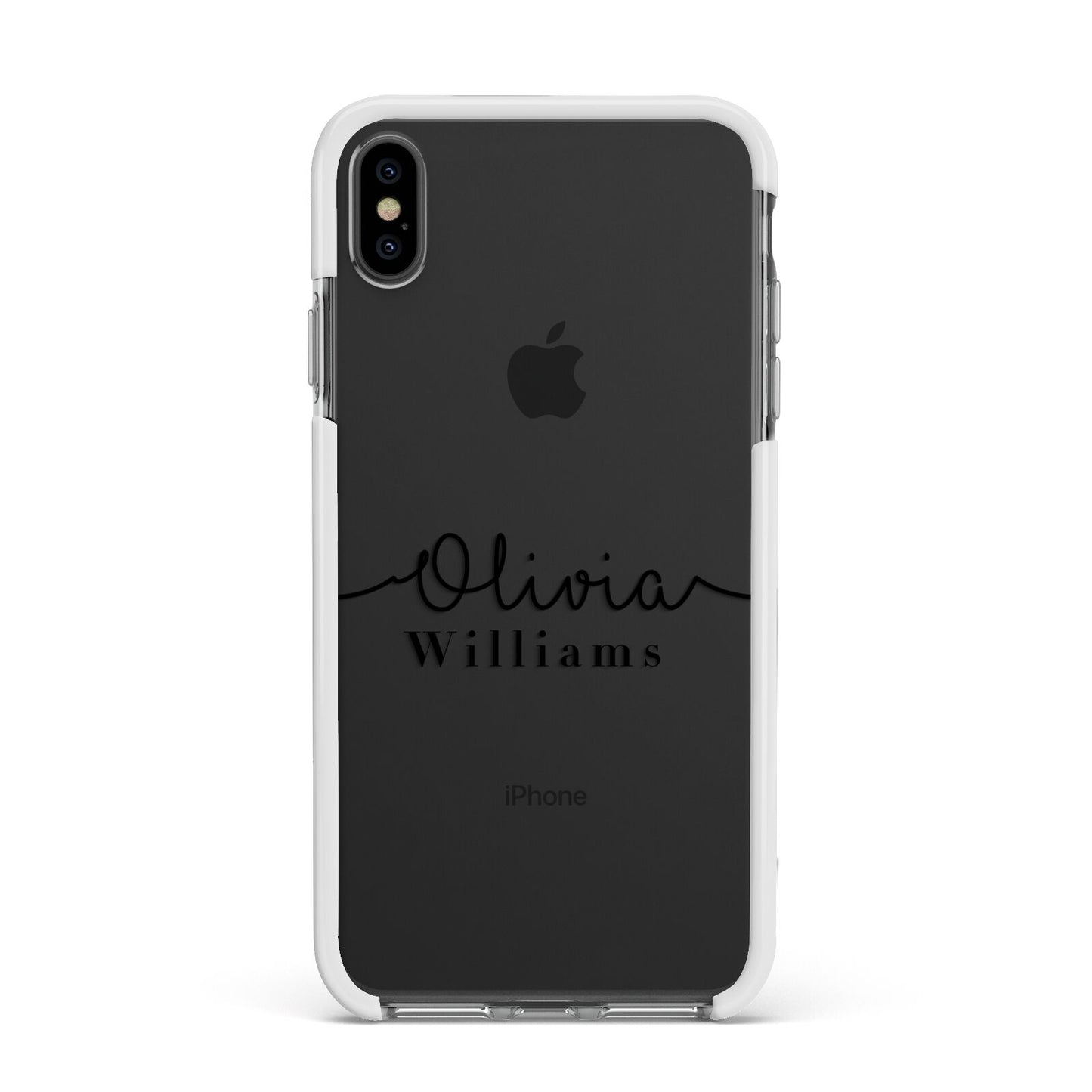 Personalised Signature Name Black Apple iPhone Xs Max Impact Case White Edge on Black Phone