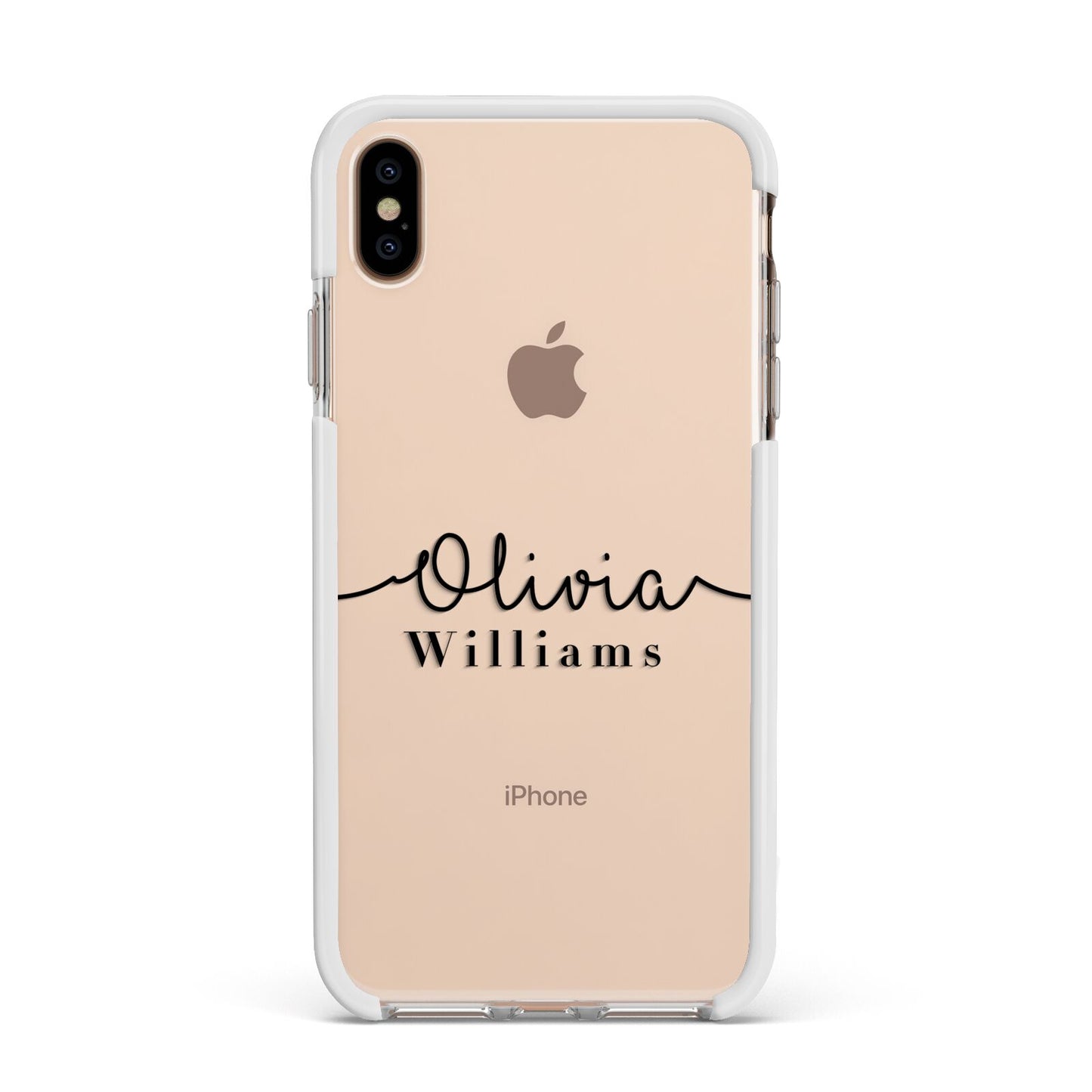 Personalised Signature Name Black Apple iPhone Xs Max Impact Case White Edge on Gold Phone