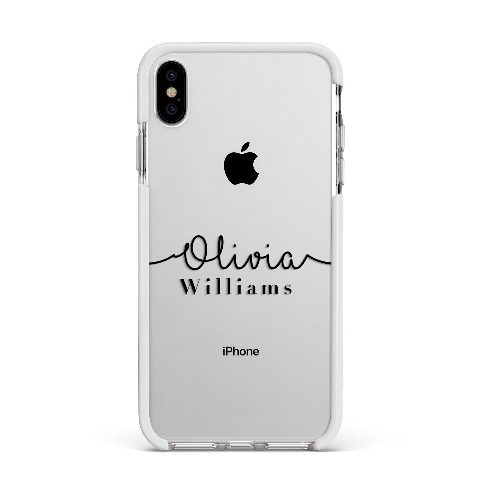 Personalised Signature Name Black Apple iPhone Xs Max Impact Case White Edge on Silver Phone