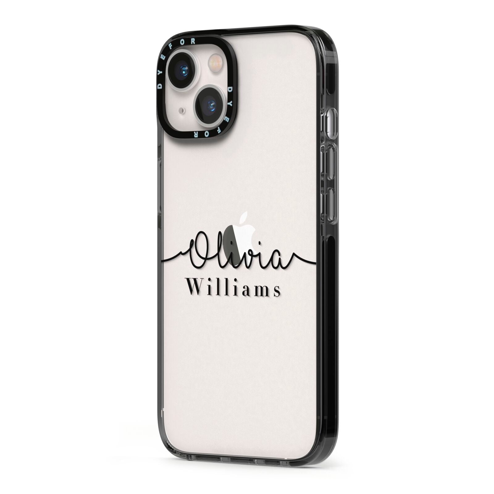 Personalised Signature Name Black iPhone 13 Black Impact Case Side Angle on Silver phone