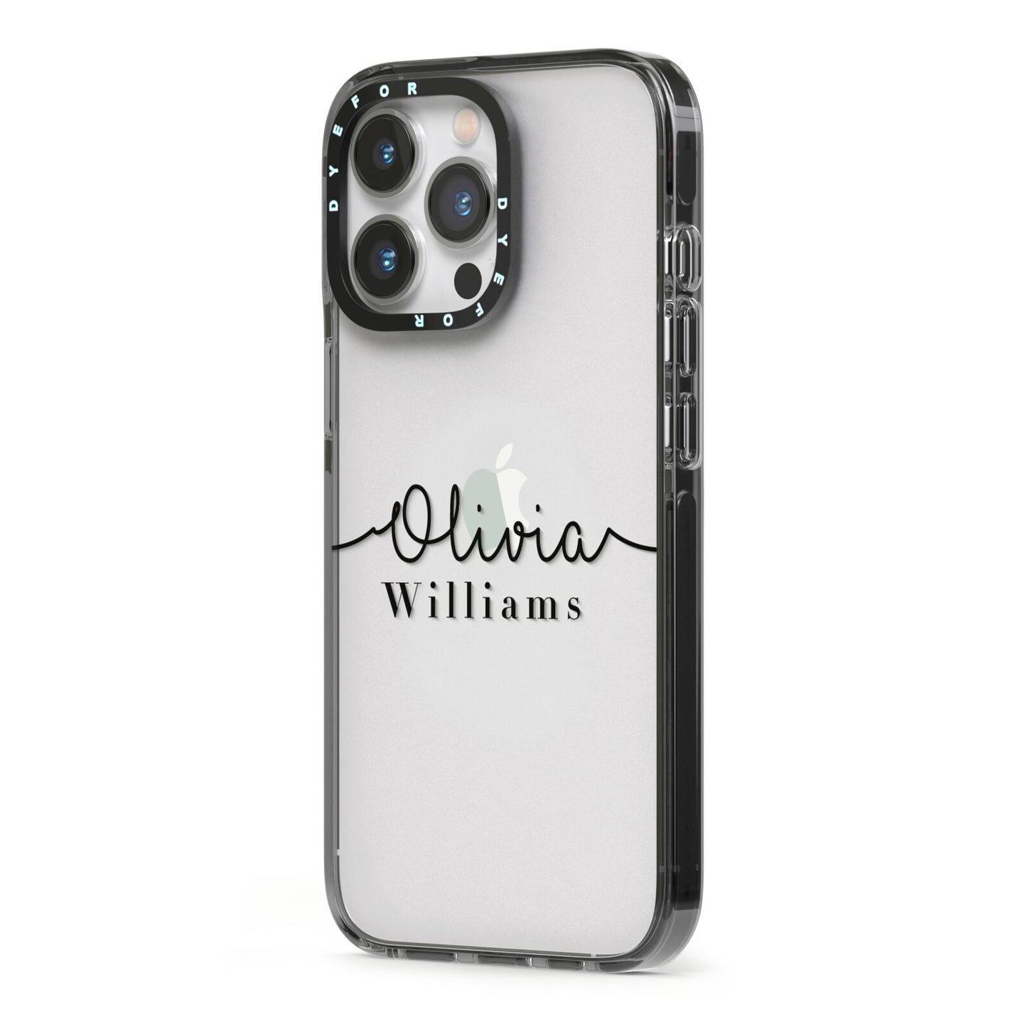 Personalised Signature Name Black iPhone 13 Pro Black Impact Case Side Angle on Silver phone