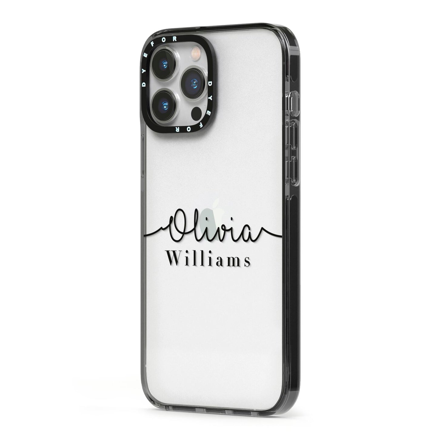 Personalised Signature Name Black iPhone 13 Pro Max Black Impact Case Side Angle on Silver phone