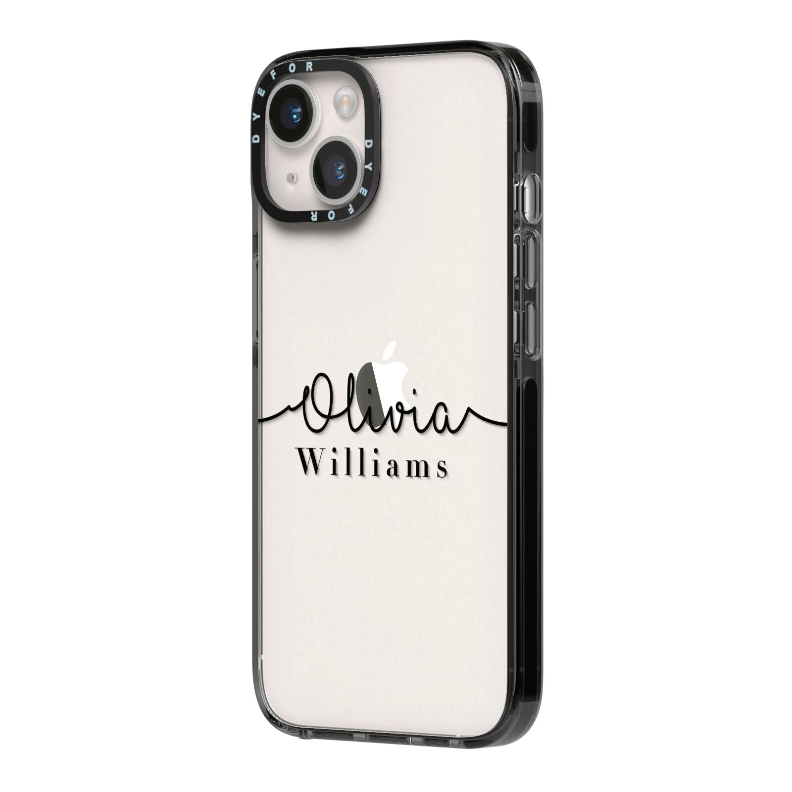 Personalised Signature Name Black iPhone 14 Black Impact Case Side Angle on Silver phone