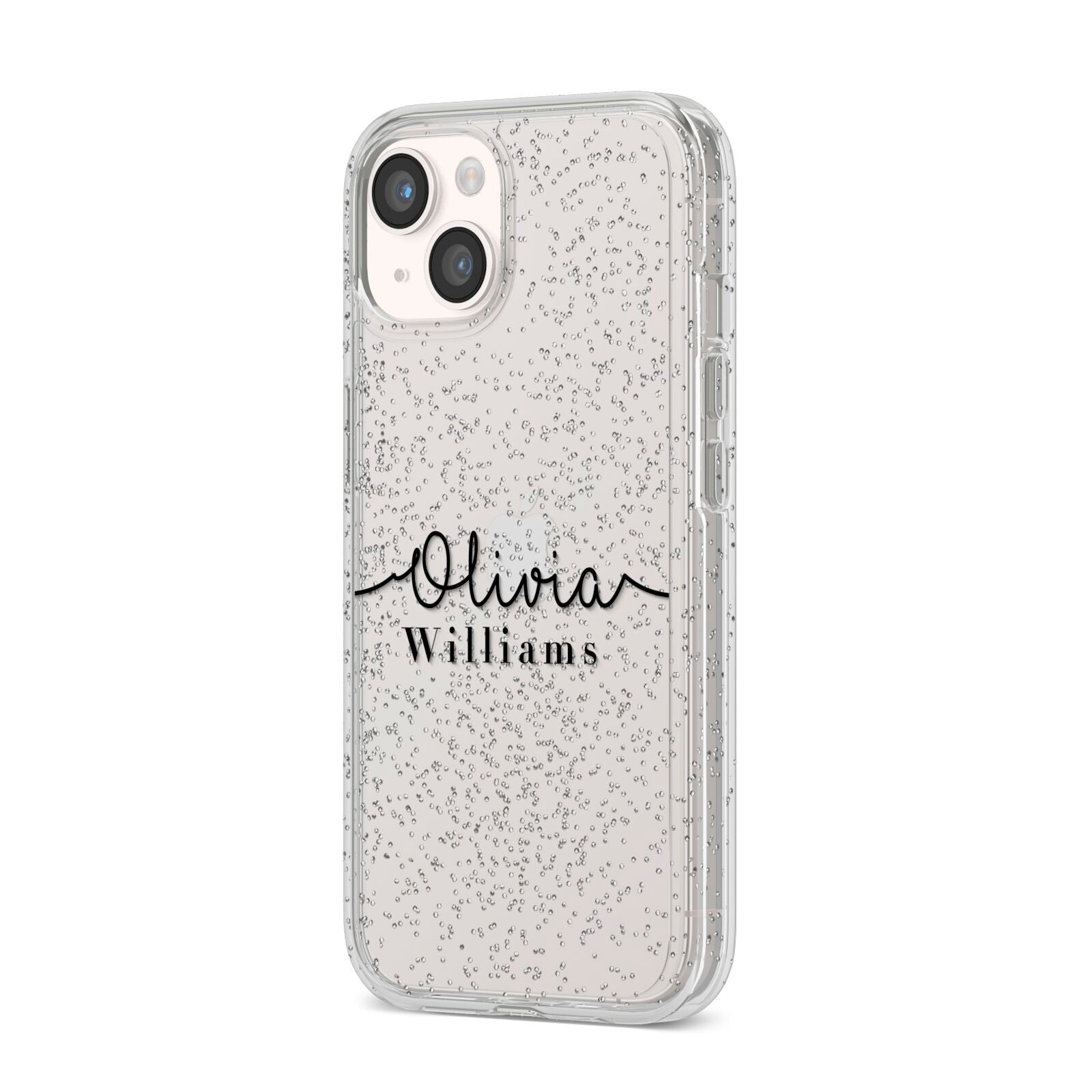 Personalised Signature Name Black iPhone 14 Glitter Tough Case Starlight Angled Image