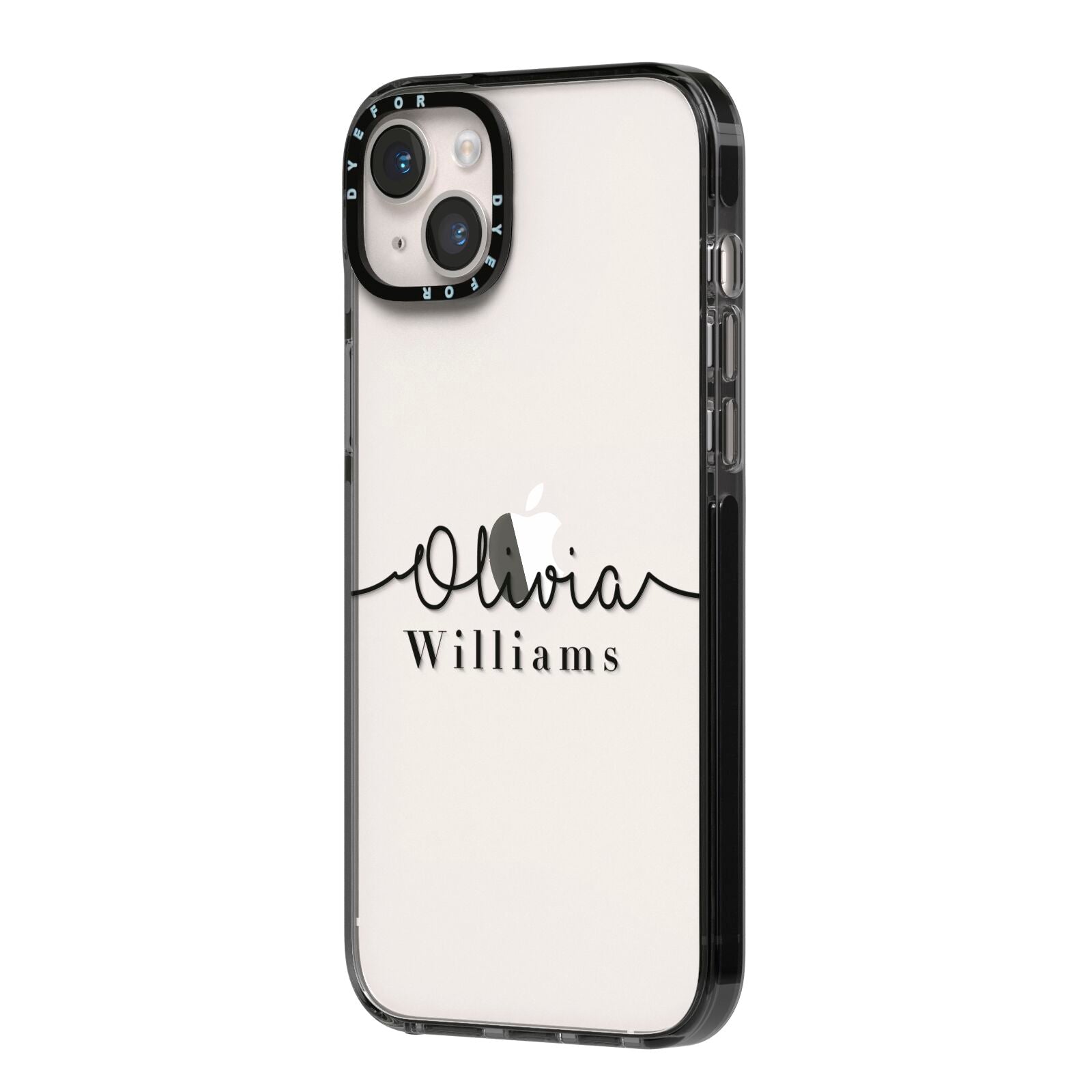 Personalised Signature Name Black iPhone 14 Plus Black Impact Case Side Angle on Silver phone