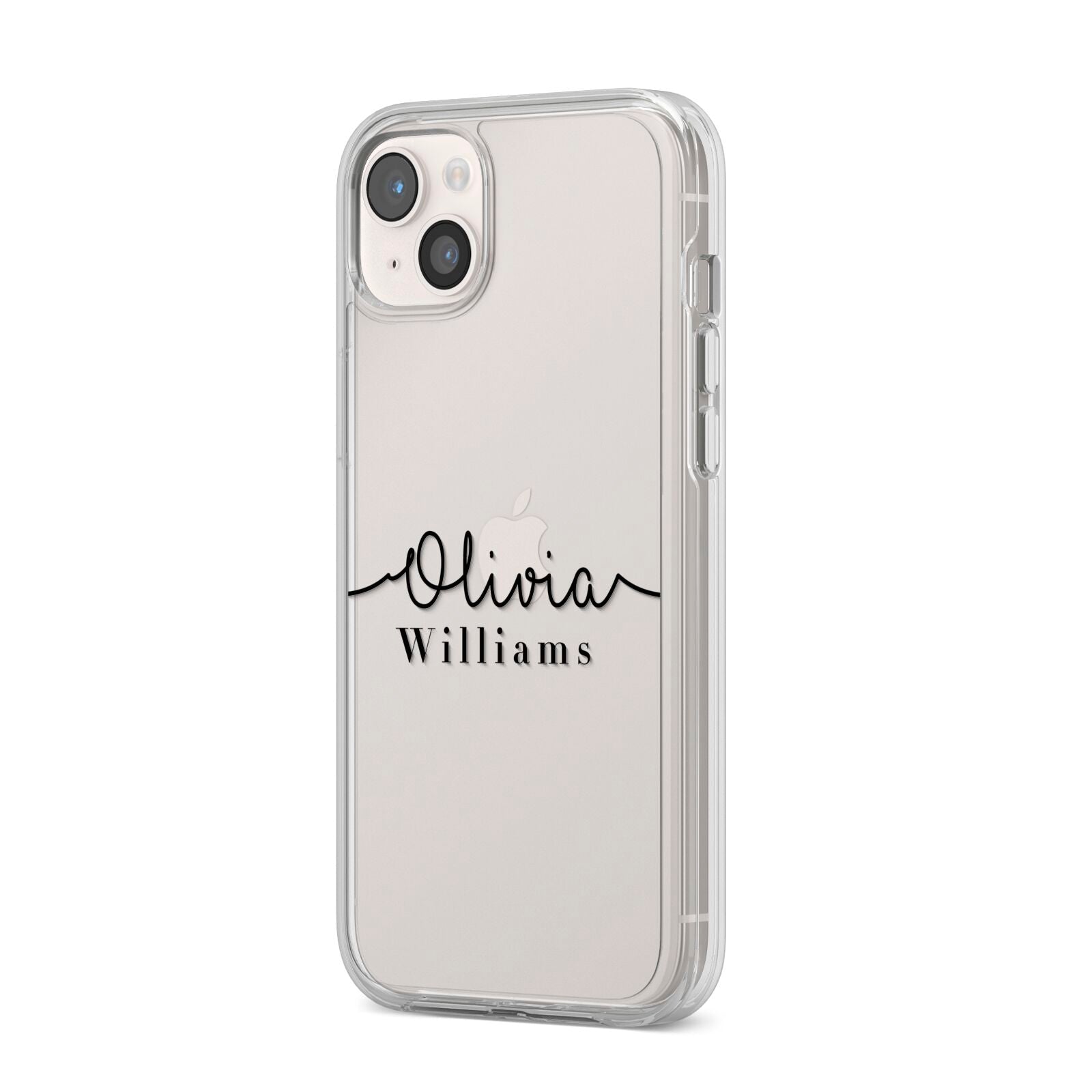 Personalised Signature Name Black iPhone 14 Plus Clear Tough Case Starlight Angled Image