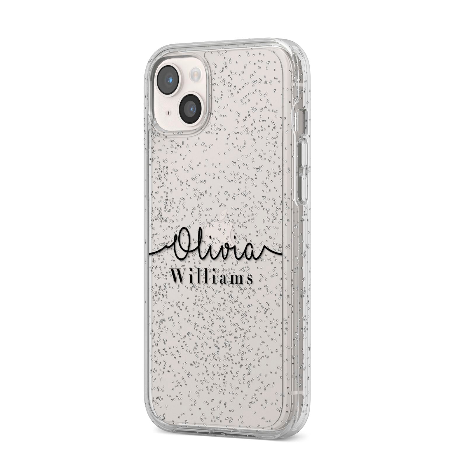 Personalised Signature Name Black iPhone 14 Plus Glitter Tough Case Starlight Angled Image