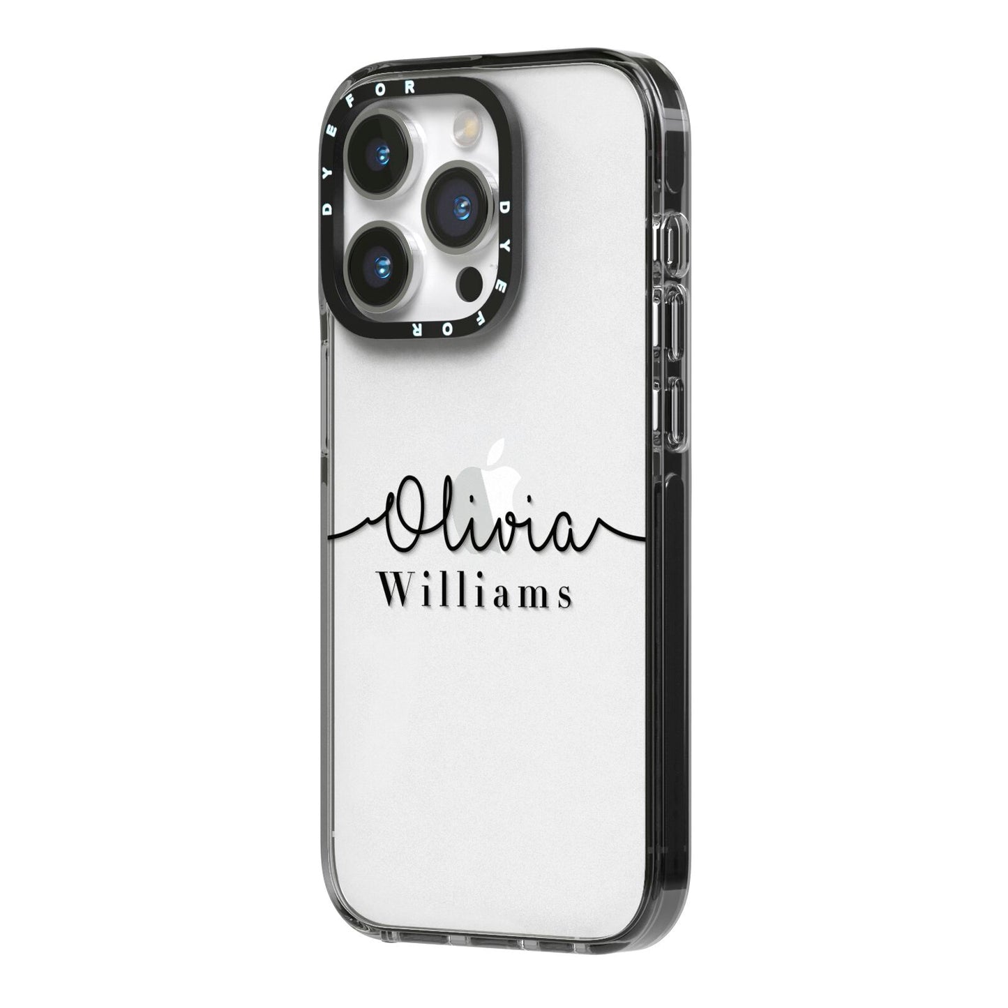 Personalised Signature Name Black iPhone 14 Pro Black Impact Case Side Angle on Silver phone