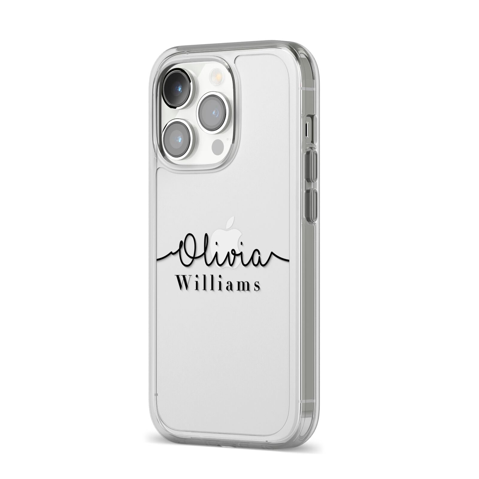 Personalised Signature Name Black iPhone 14 Pro Clear Tough Case Silver Angled Image