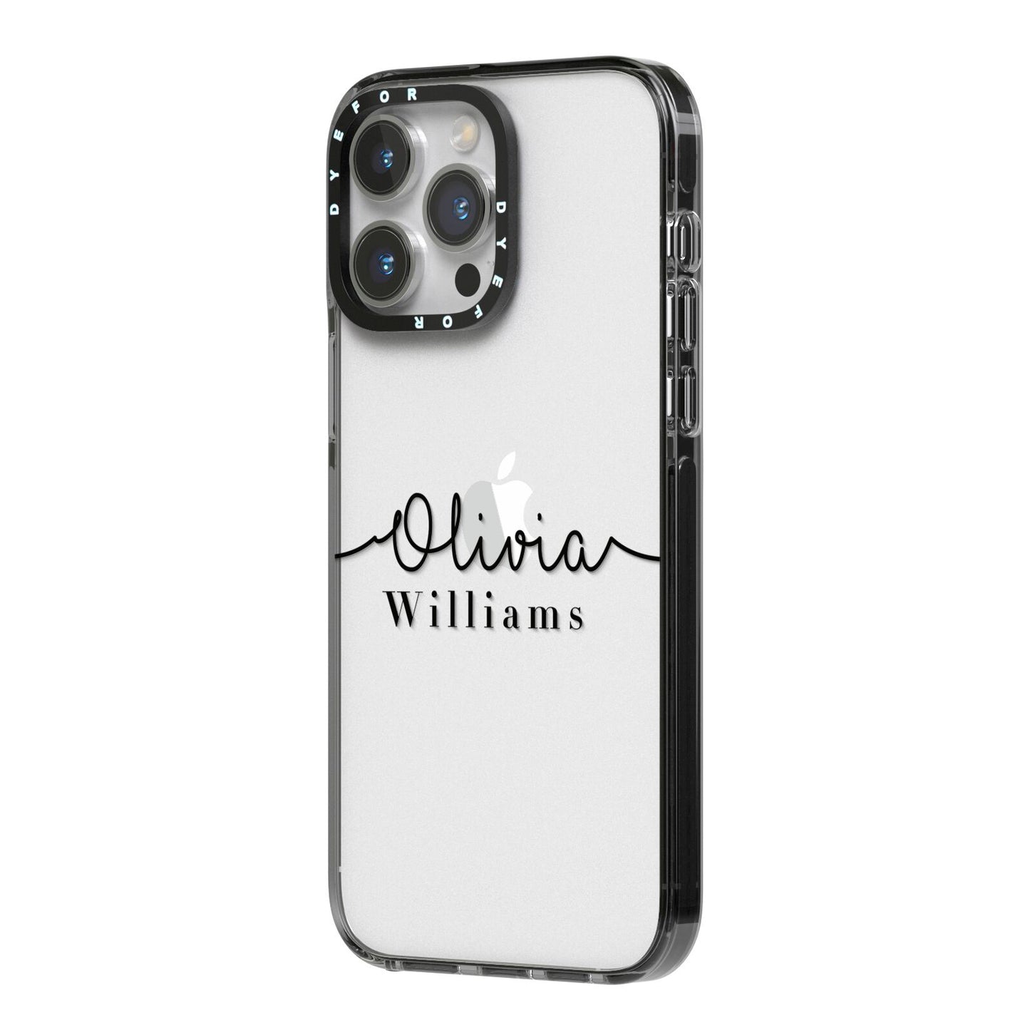 Personalised Signature Name Black iPhone 14 Pro Max Black Impact Case Side Angle on Silver phone