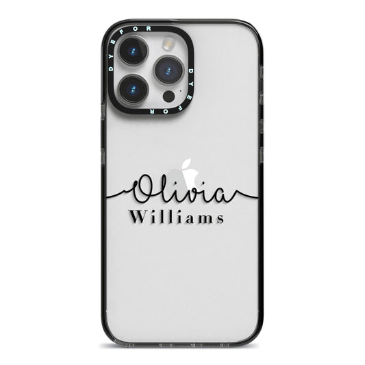 Personalised Signature Name Black iPhone 14 Pro Max Black Impact Case on Silver phone