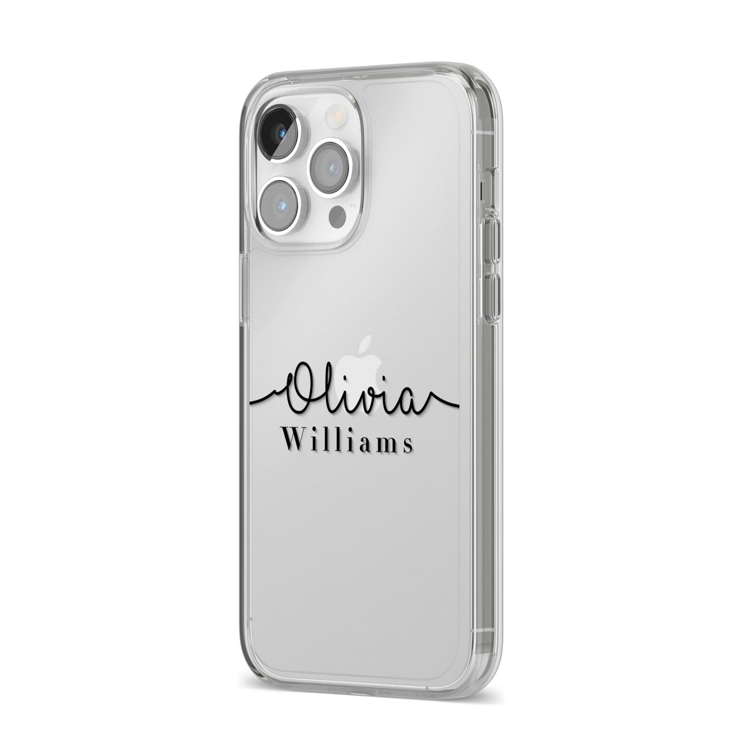 Personalised Signature Name Black iPhone 14 Pro Max Clear Tough Case Silver Angled Image