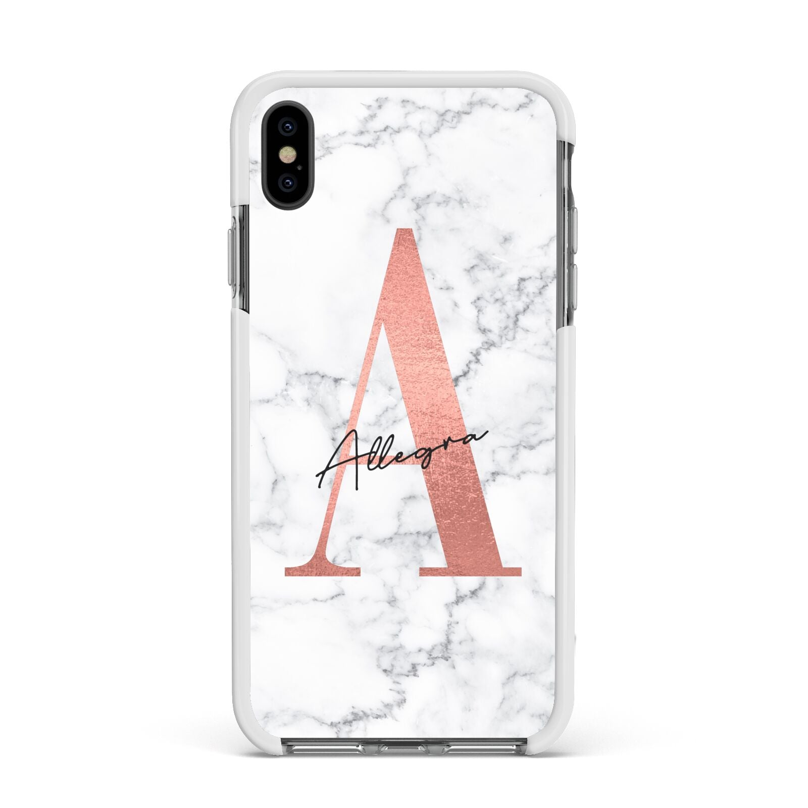 Personalised Signature Rose Gold Marble Apple iPhone Xs Max Impact Case White Edge on Black Phone