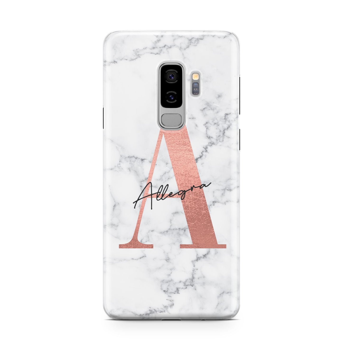 Personalised Signature Rose Gold Marble Samsung Galaxy S9 Plus Case on Silver phone